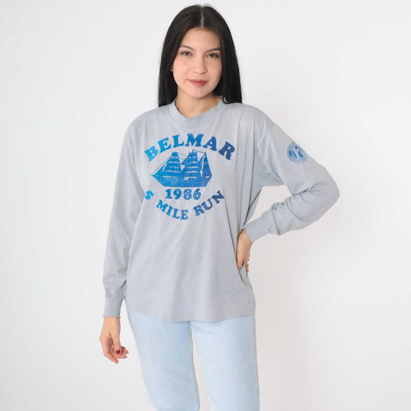 1986 Belmar 5 Mile Run Long Sleeve Graphic Tee Grey Sailboat Medium Large