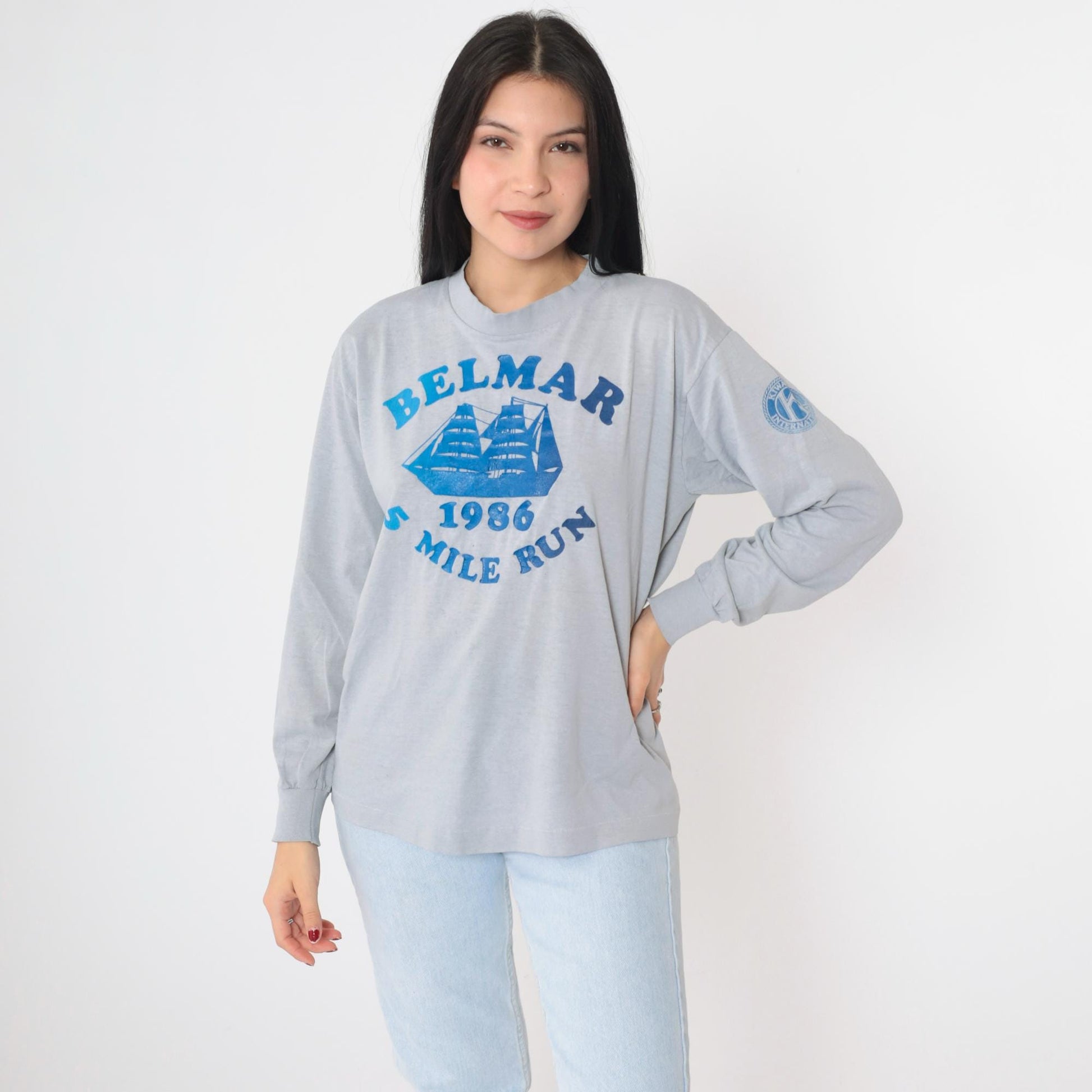 1986 Belmar 5 Mile Run Long Sleeve Graphic Tee Grey Sailboat Medium Large