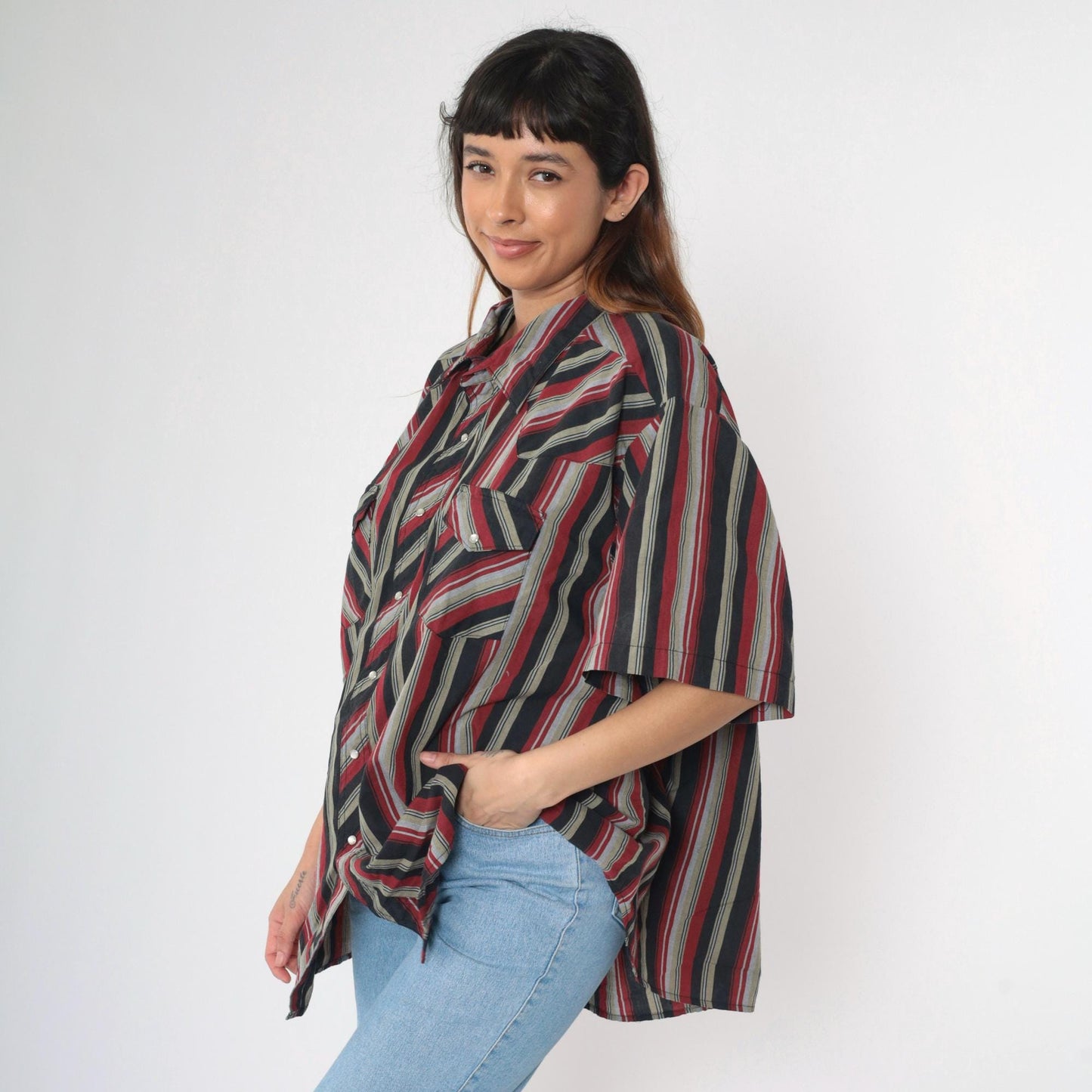 90s Rustler by Wrangler Western Shirt Pearl Snap Red Grey Black Striped Plus Size 3XL
