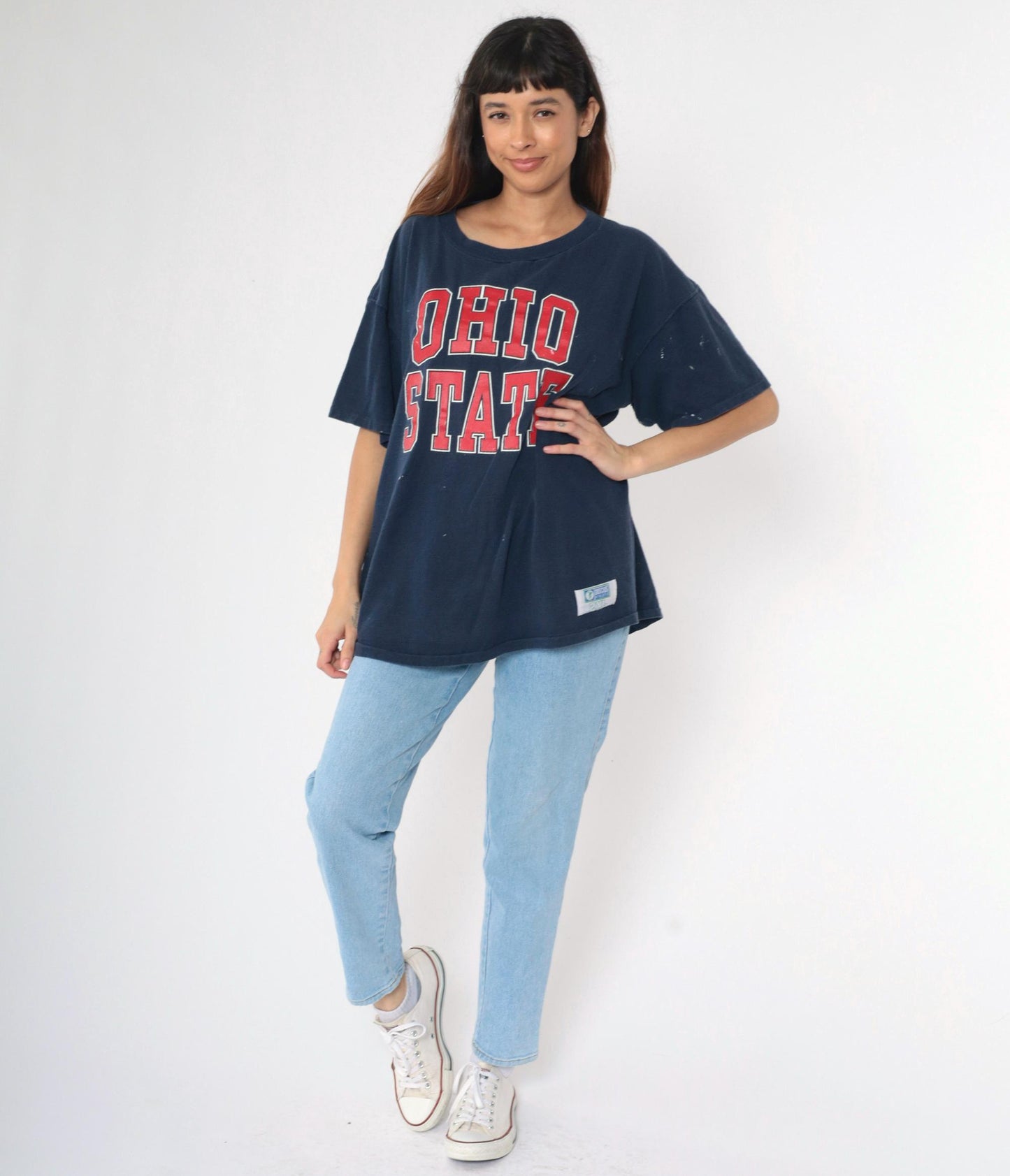 90s Ohio State Buckeyes Football Graphic T-Shirt Navy Distressed Cotton XXL