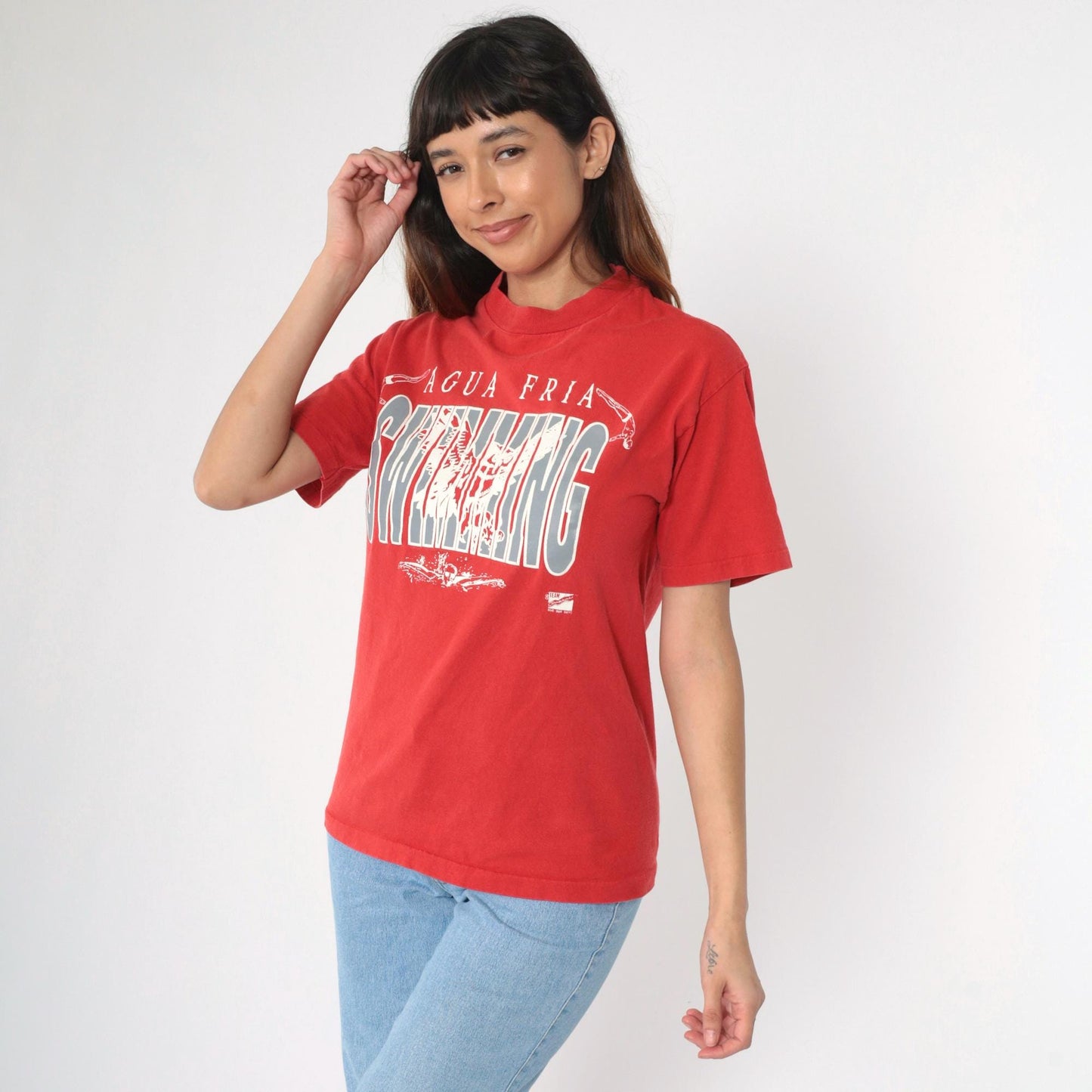 90s Agua Fria Swimming Owl Graphic T-Shirt Red Cotton Tee Medium M