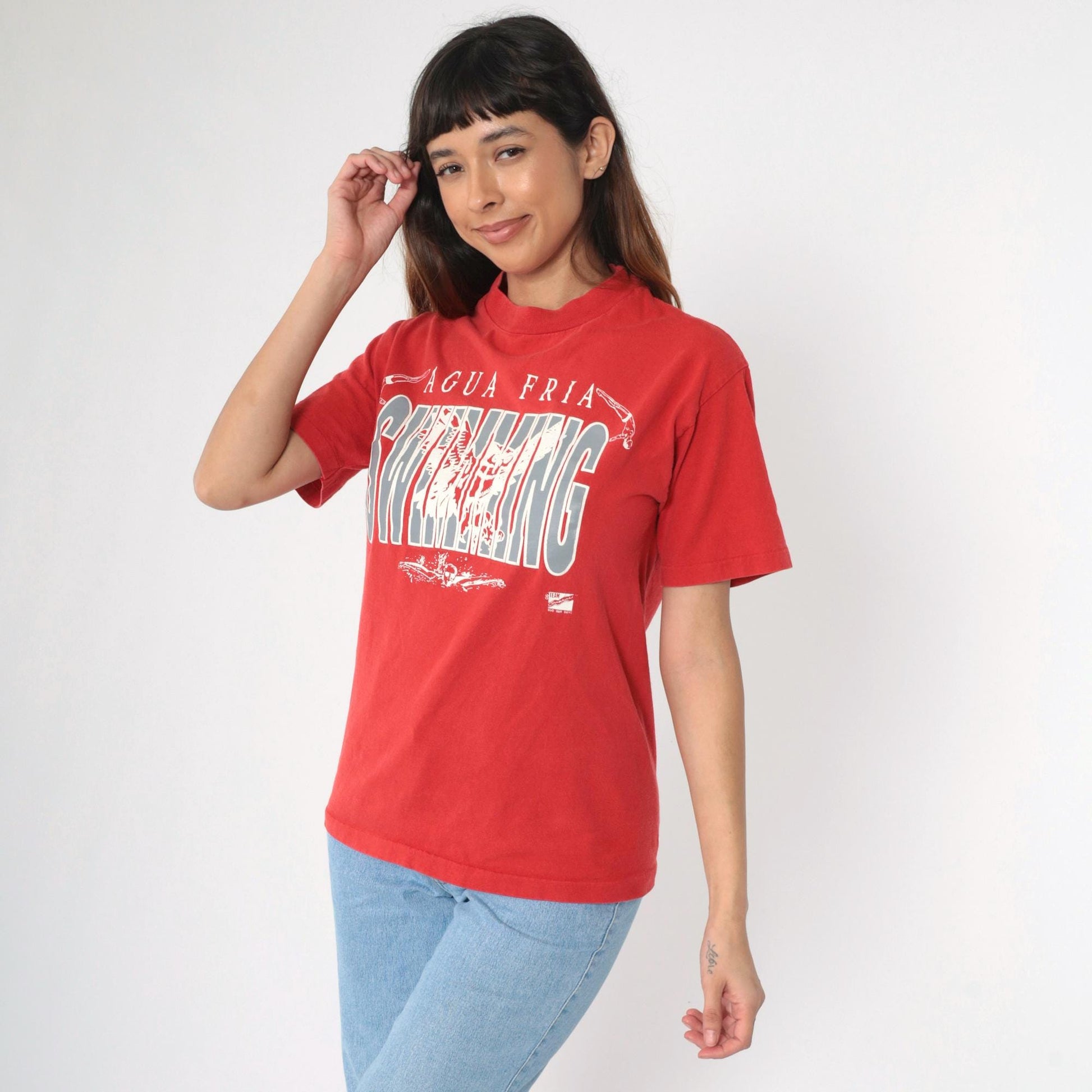 90s Agua Fria Swimming Owl Graphic T-Shirt Red Cotton Tee Medium M