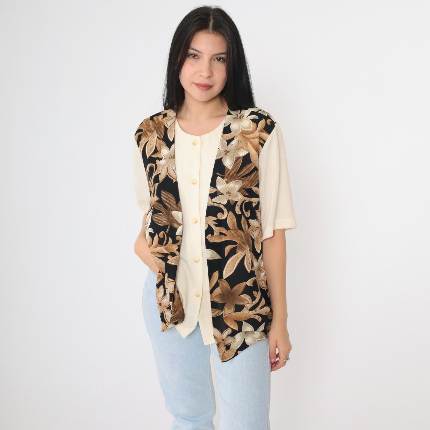 90s Alfred Dunner Floral Vest Blouse Cream Button Up Short Sleeve Large 14