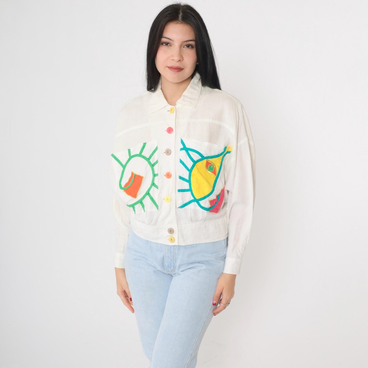 90s Ann Tian Kenar Linen Jacket Abstract Geometric Cropped Button-Up Medium Petite