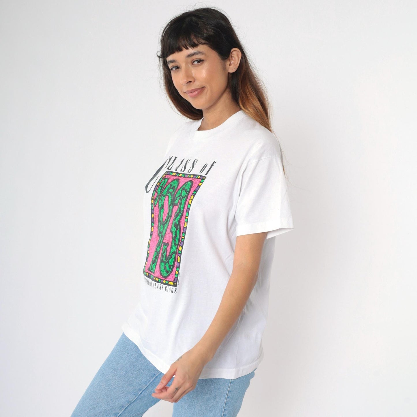 90s Class of '93 Graduation Graphic T-Shirt Neon White Screen Stars Extra Large XL