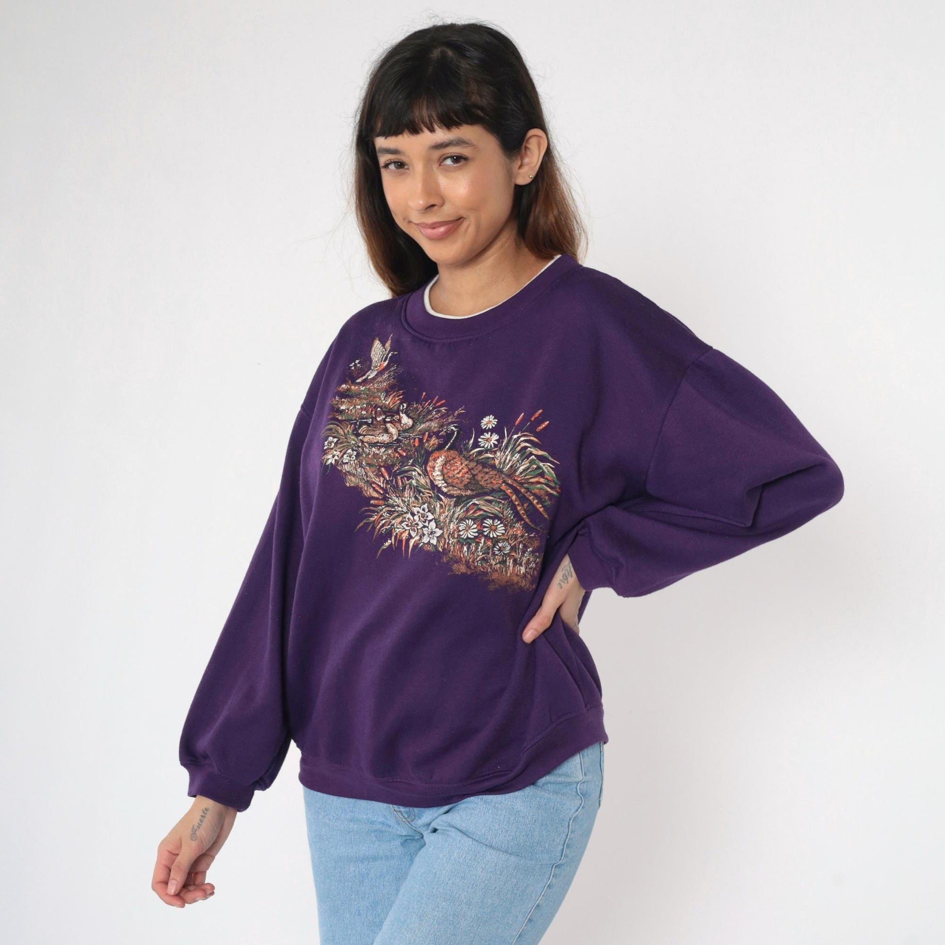 90s Duck Pheasant Waterfowl Graphic Sweatshirt Blue Crewneck Large