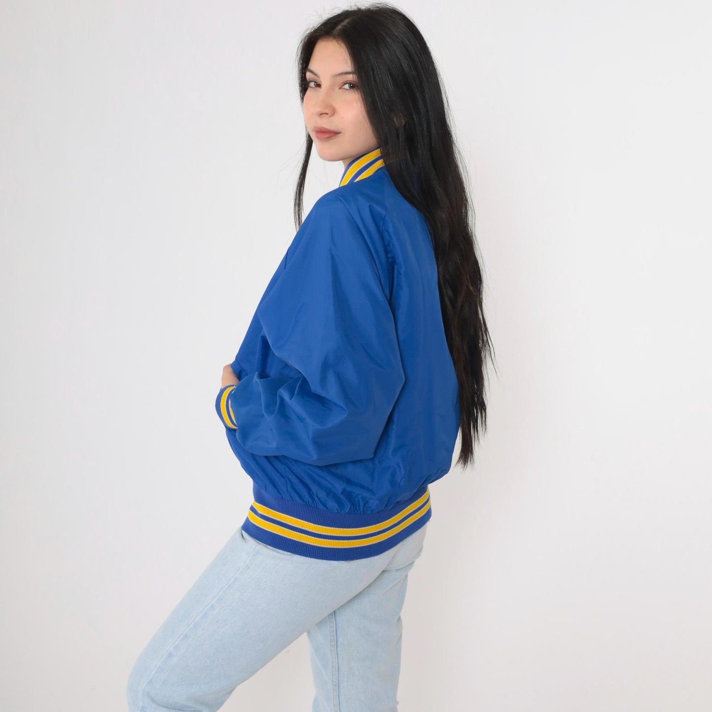 80s Smithfield Softball Bomber Jacket Blue Nylon Snap Kristi Medium