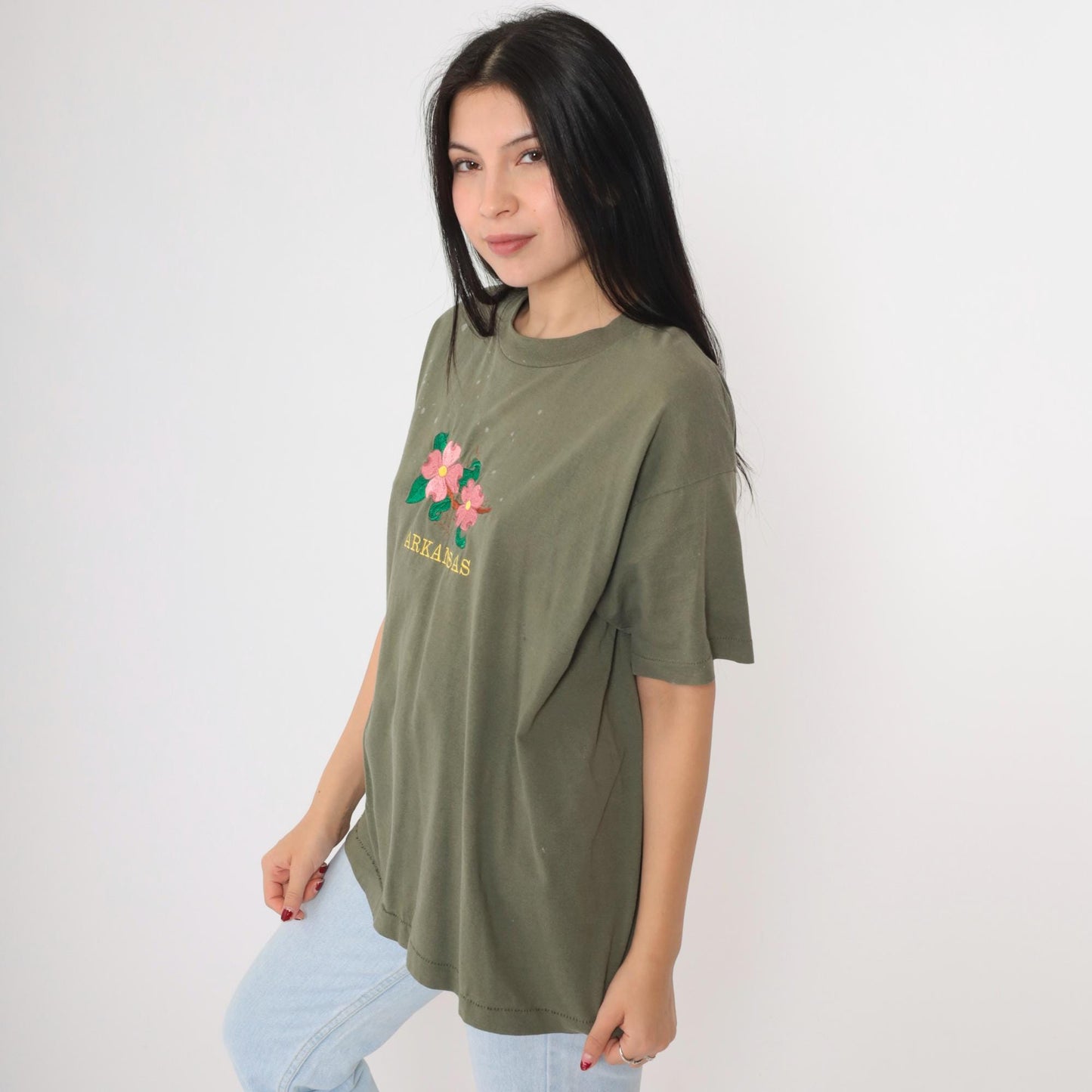 90s Arkansas Embroidered Floral T-Shirt Olive Green Graphic Tee Large