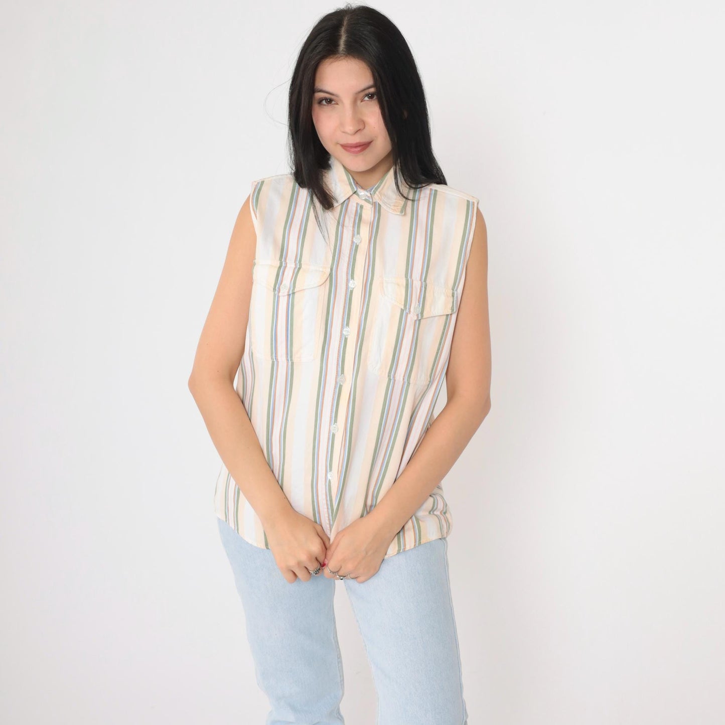 90s Westport Striped Cotton Tank Top Multicolour Chest Pocket Collar Medium M