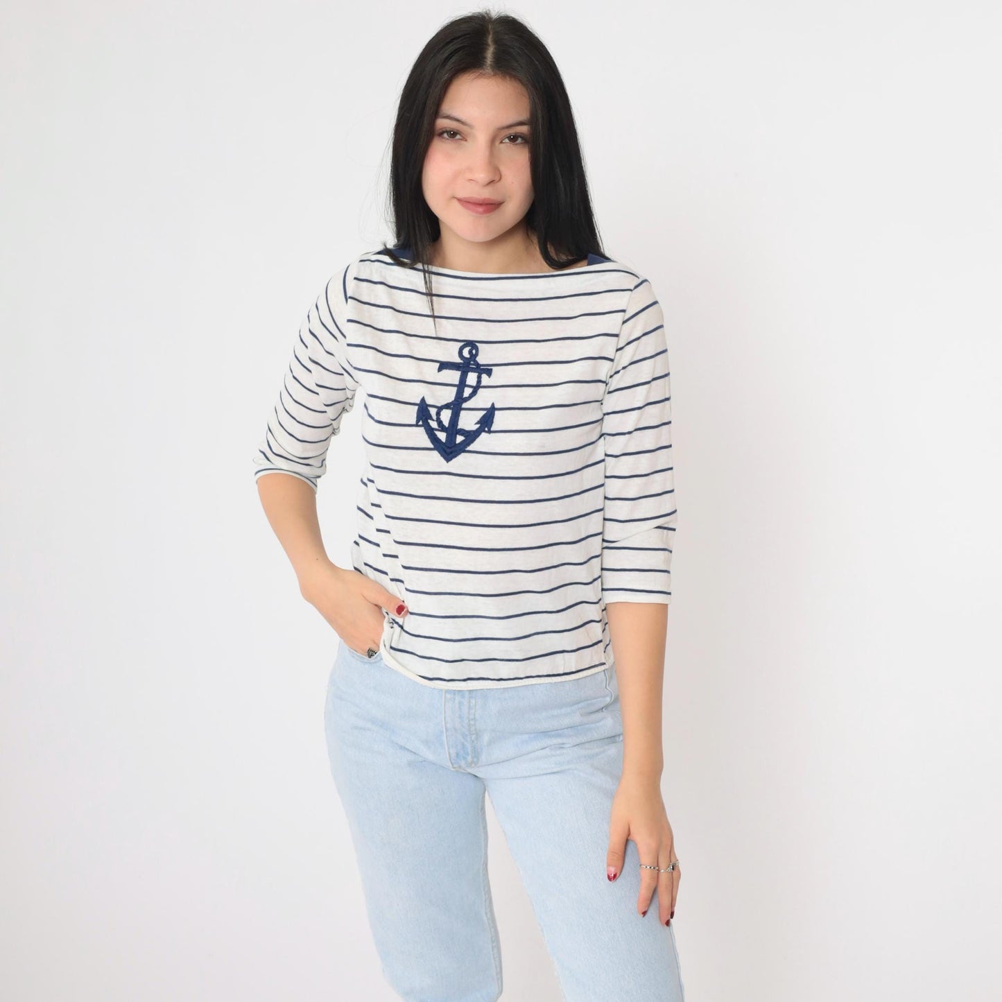80s Striped Anchor Boatneck T-Shirt White Navy Half Sleeve Small