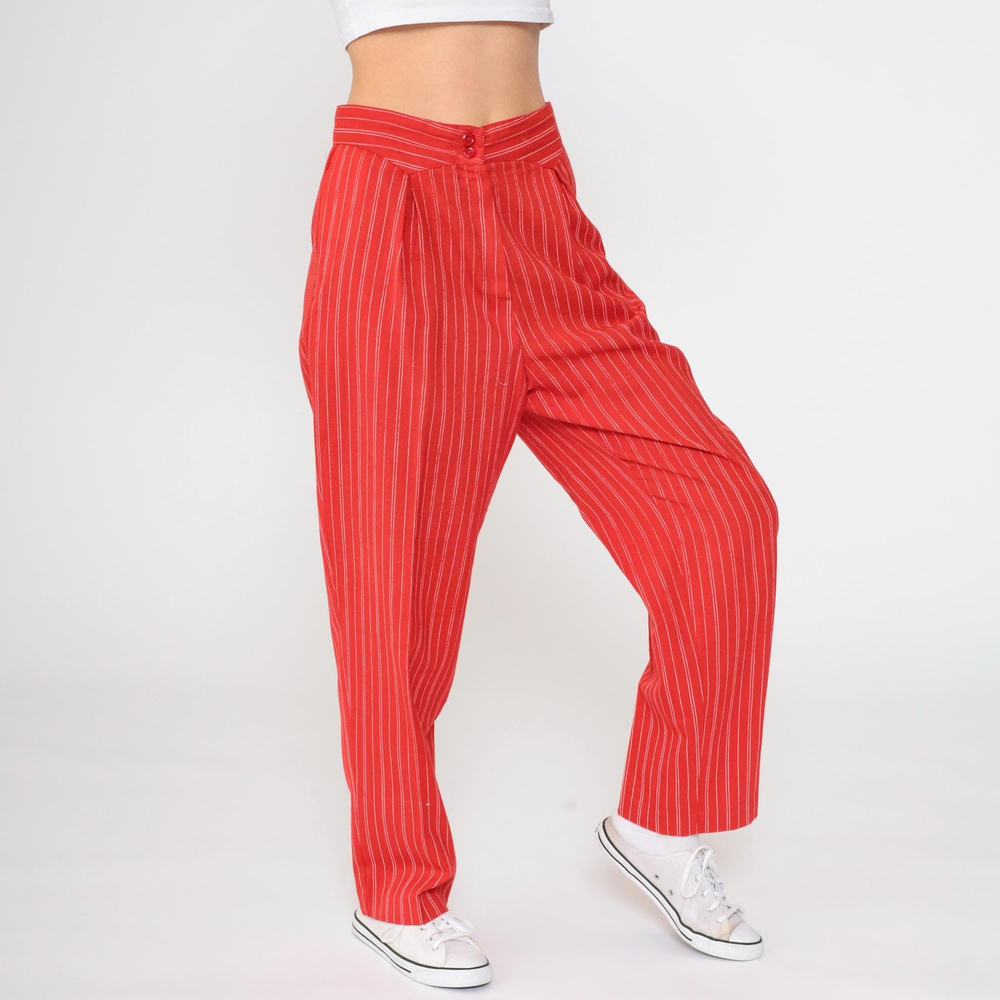 80s Red Pinstripe Pleated High-Waisted Trousers Tapered Leg Small