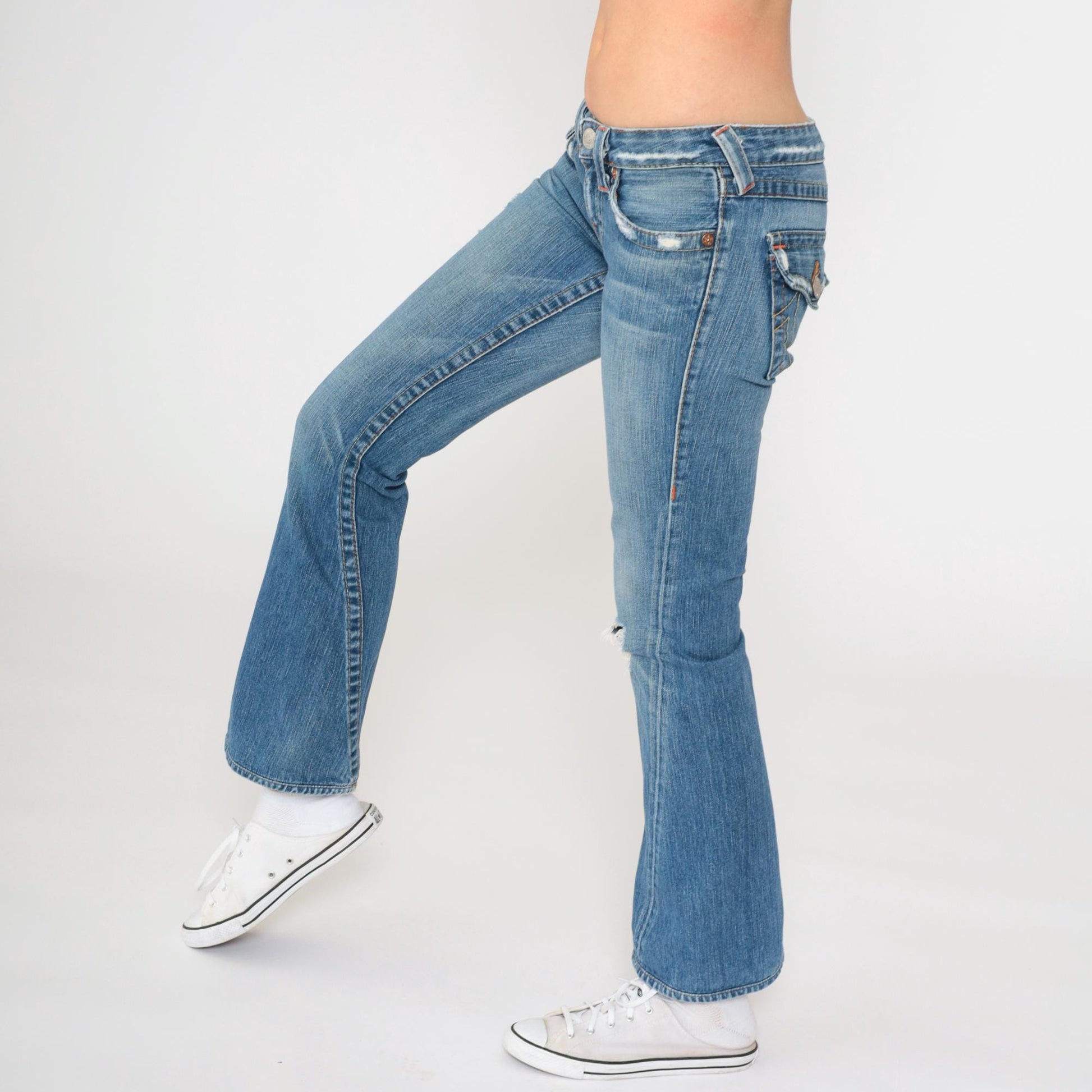 Y2K True Religion Distressed Low Rise Bootcut Jeans Blue Denim Extra Small