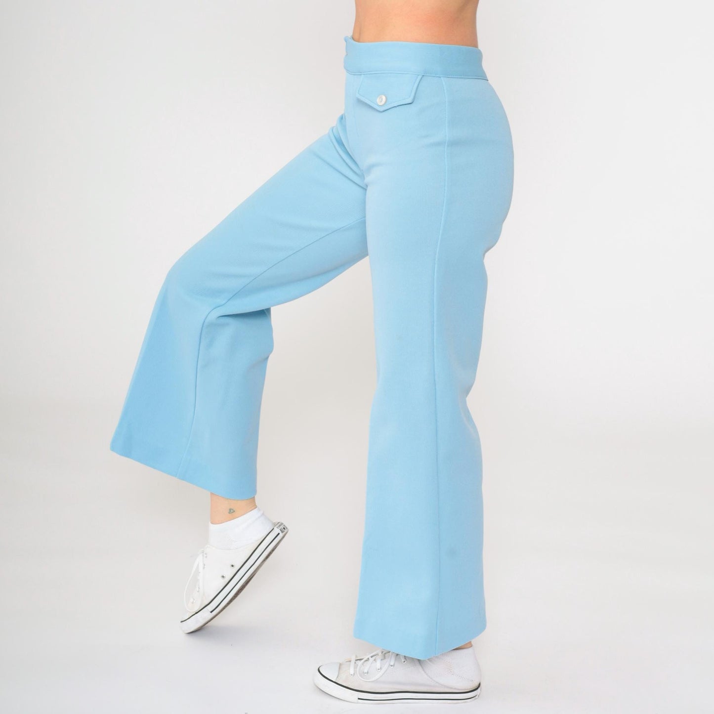 70s Baby Blue Polyester High Waist Bell Bottom Flared Trousers Small