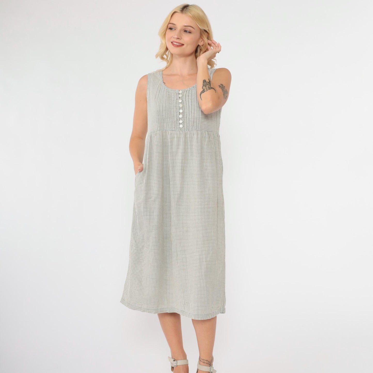 90s Taupe Gingham Jumper Dress Button Front Midi Sleeveless Small Petite