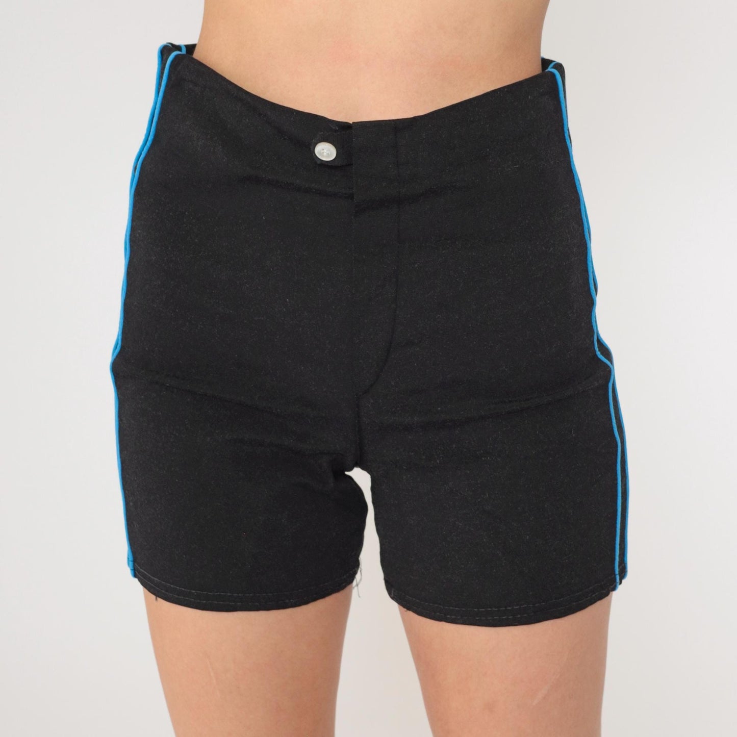 70s Black Athletic Shorts High Waist Mesh Lined Blue Stripe Small