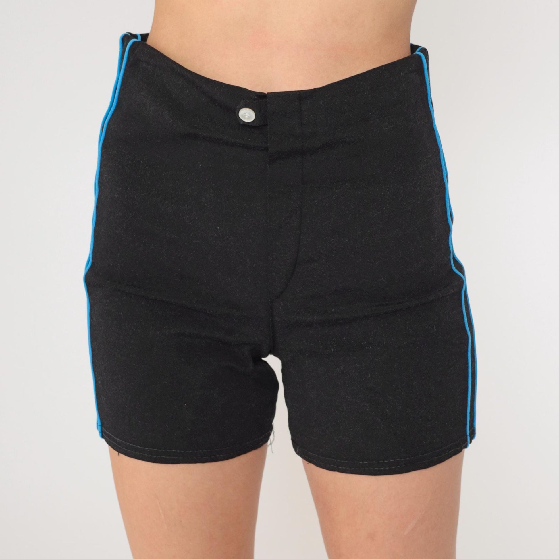 70s Black Athletic Shorts High Waist Mesh Lined Blue Stripe Small