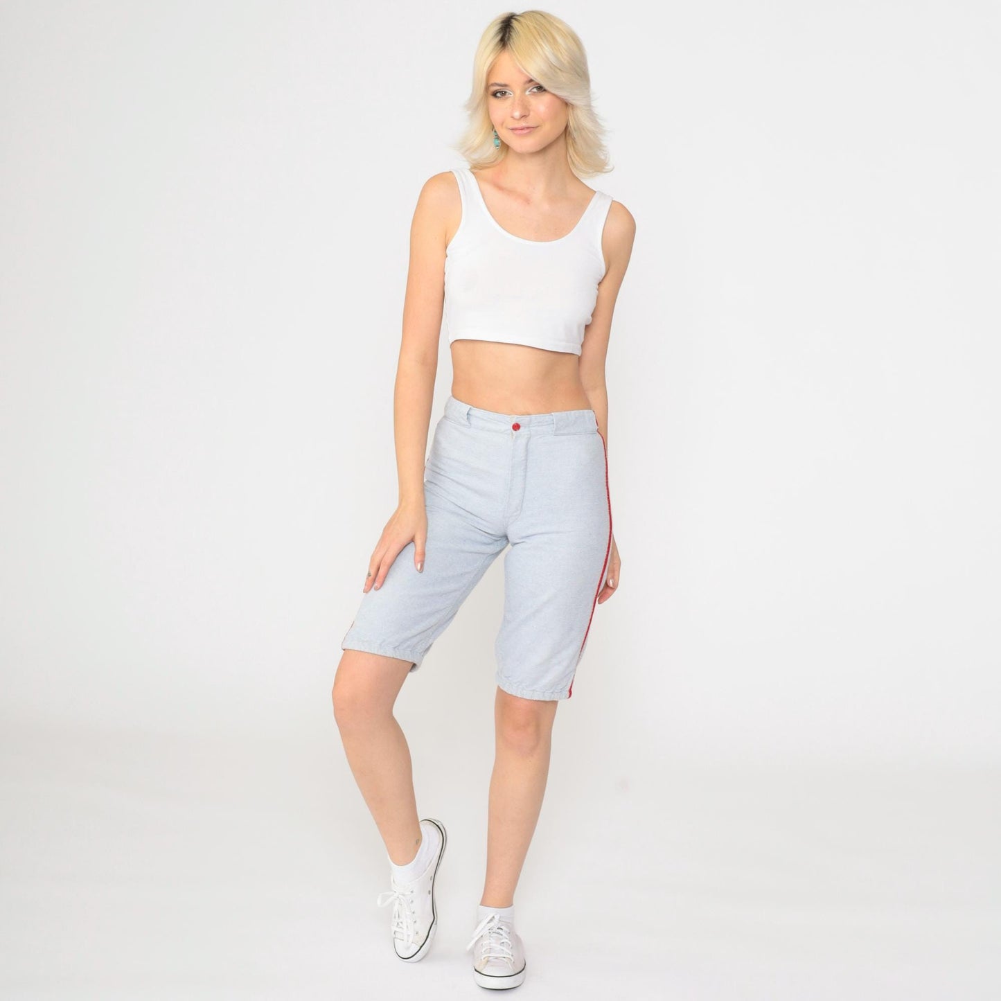 60s Athletic Shorts Grey-Blue Red Side Stripes High Waist Extra Small