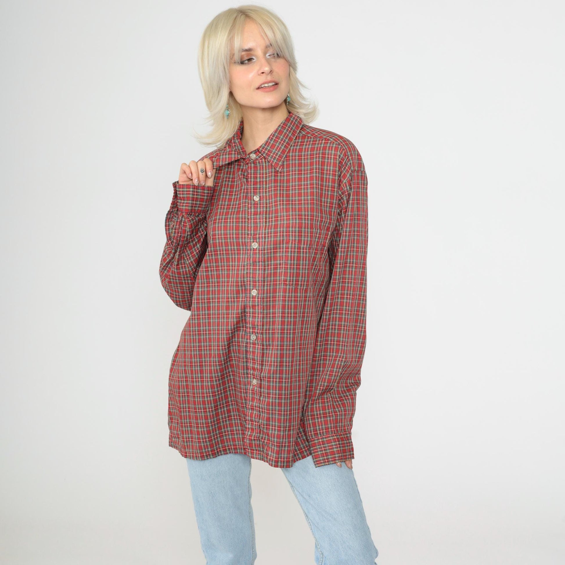 80s Red Plaid Button-Up Shirt Tartan Checkered Long Sleeve Extra Large XL