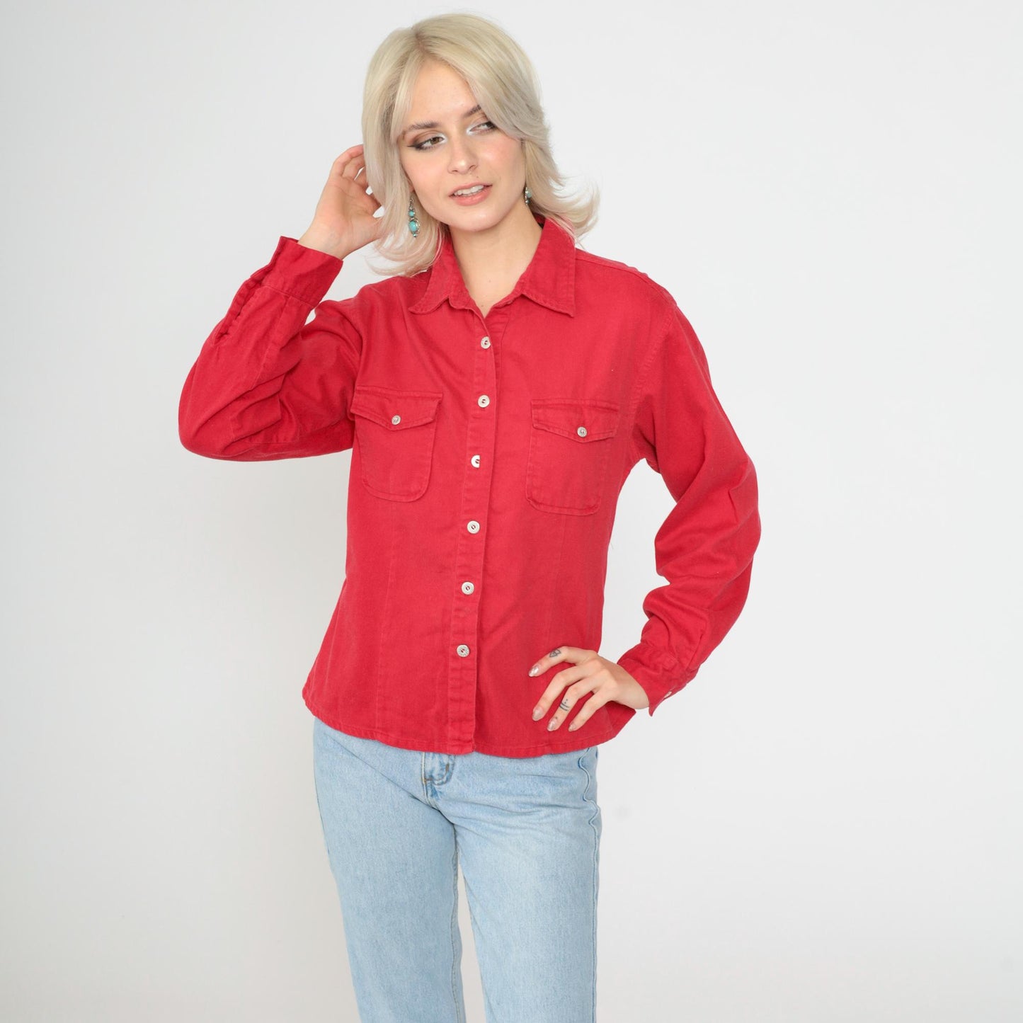 90s Faded Glory Red Button Up Shirt Long Sleeve Chest Pocket Medium