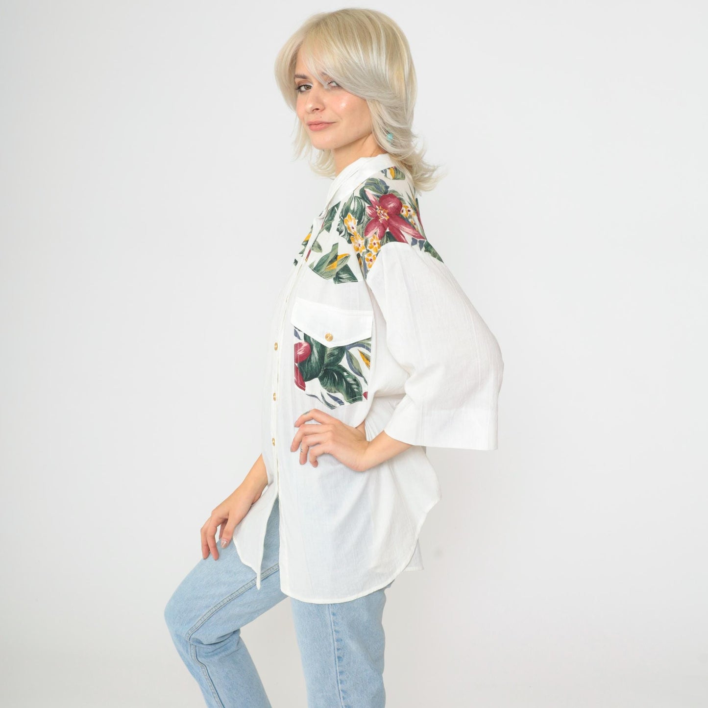 90s Tropical Floral Button Up Shirt White Yoke Pocket 3/4 Sleeve Plus Size XXL