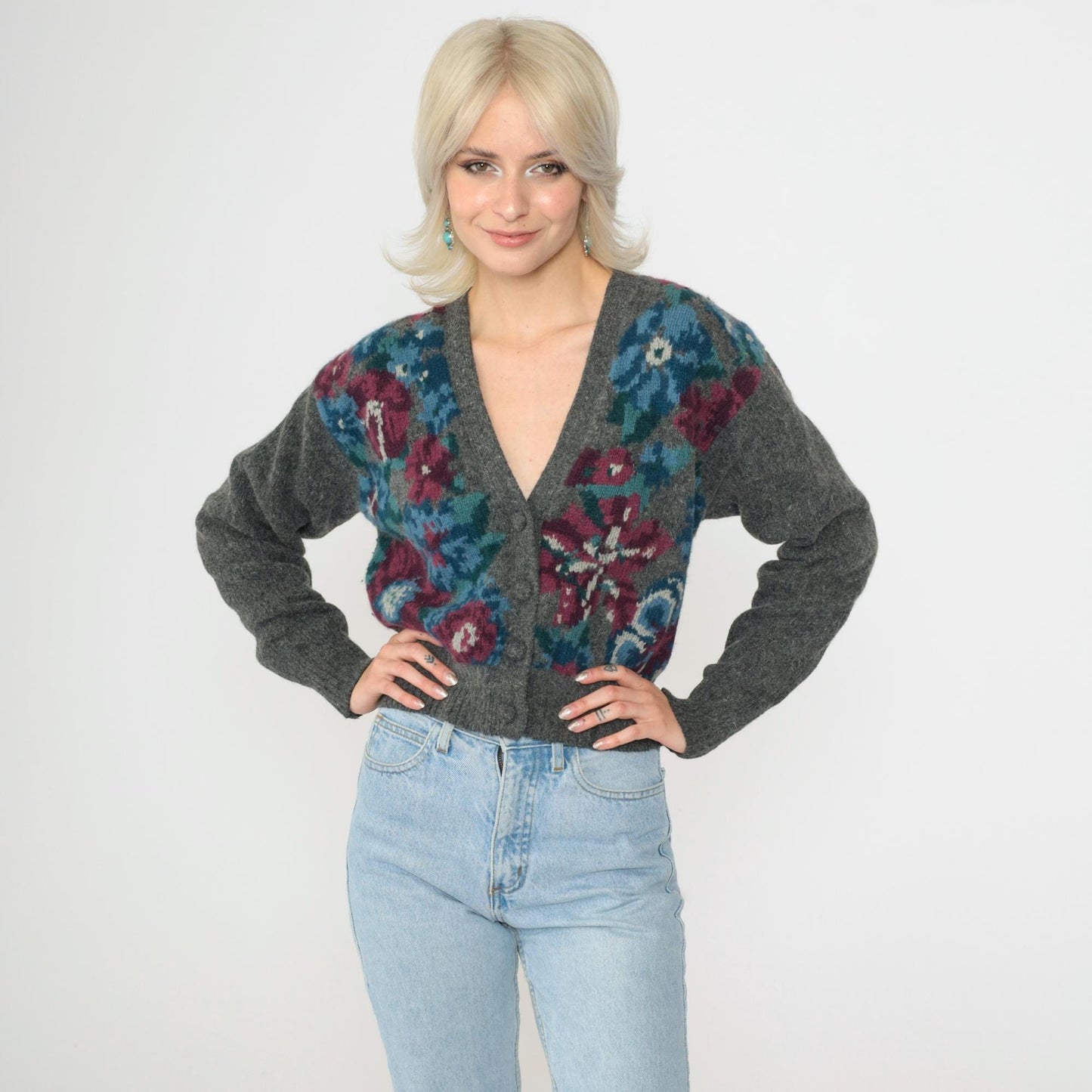 90s J.H Collectibles Wool Cardigan Grey Floral Cropped Angora Knit Small