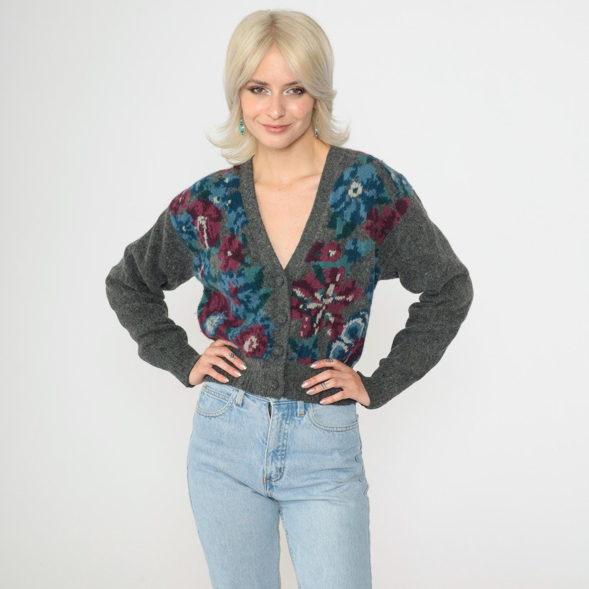 90s J.H Collectibles Wool Cardigan Grey Floral Cropped Angora Knit Small