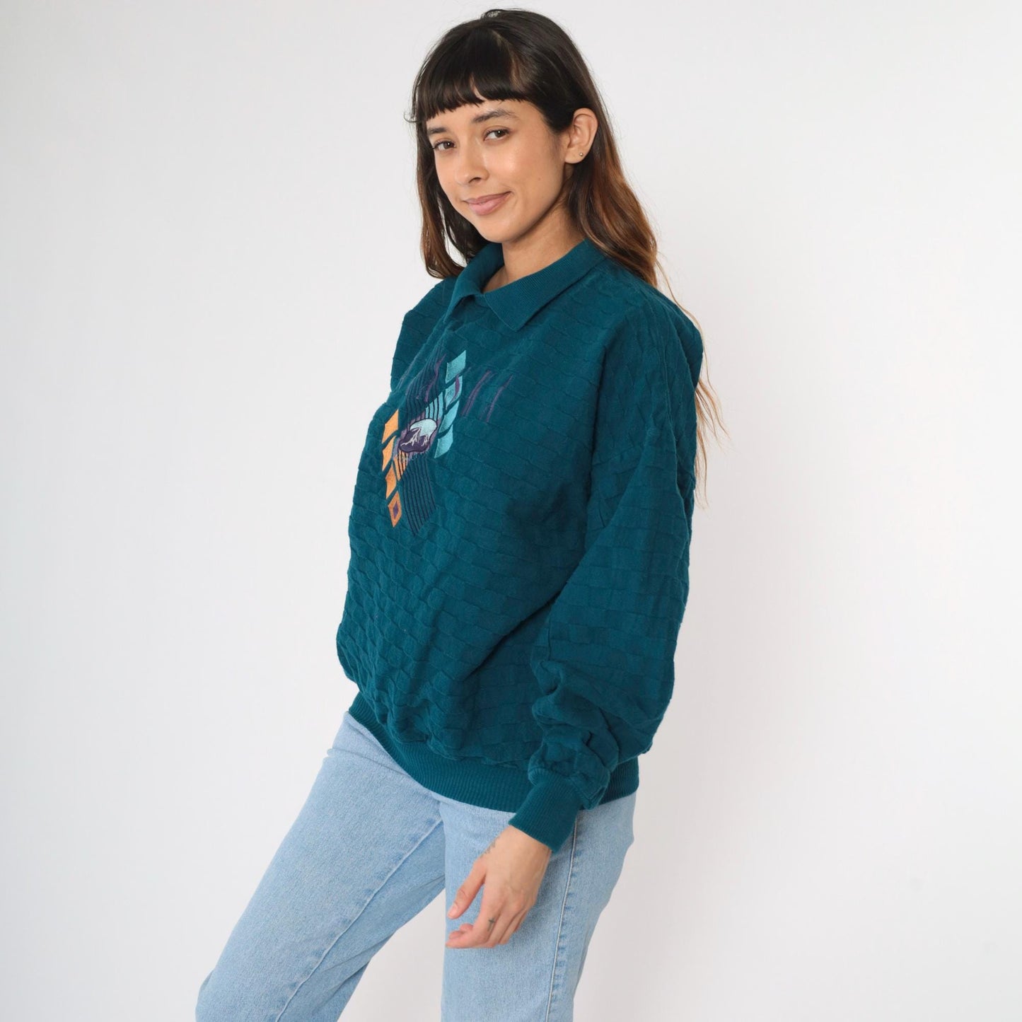 90s Alaska Wilderness Club Teal Sweatshirt Collared Cotton Large L