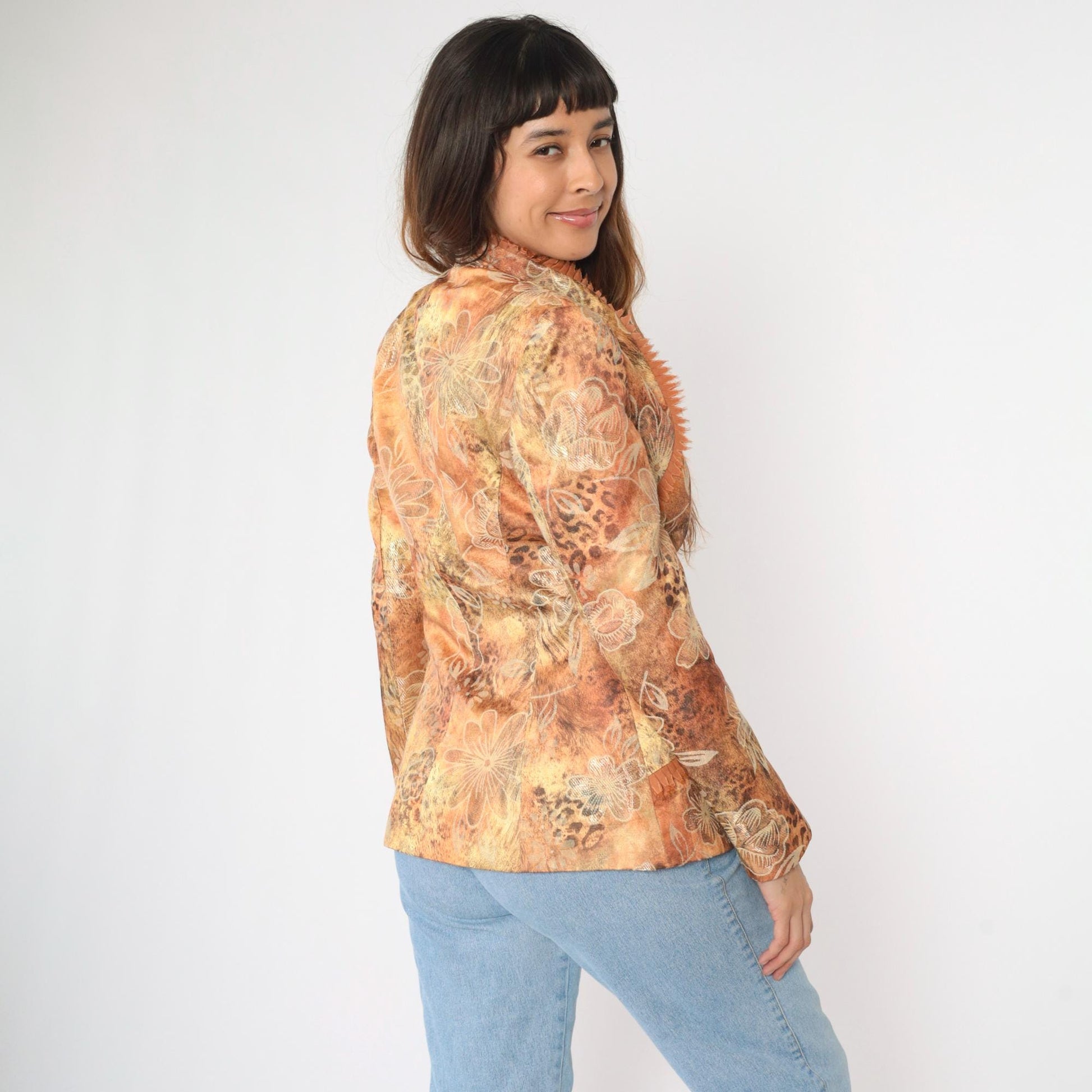 90s Floral Jacquard Blazer Leopard Print Fringe Trim Deep V Burnt Orange Small