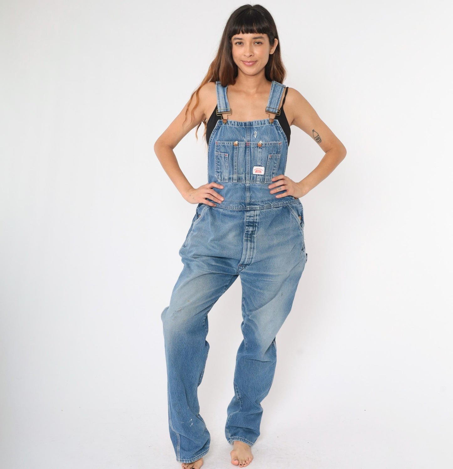 90s Round House Denim Overalls Distressed Blue Workwear Unisex Small