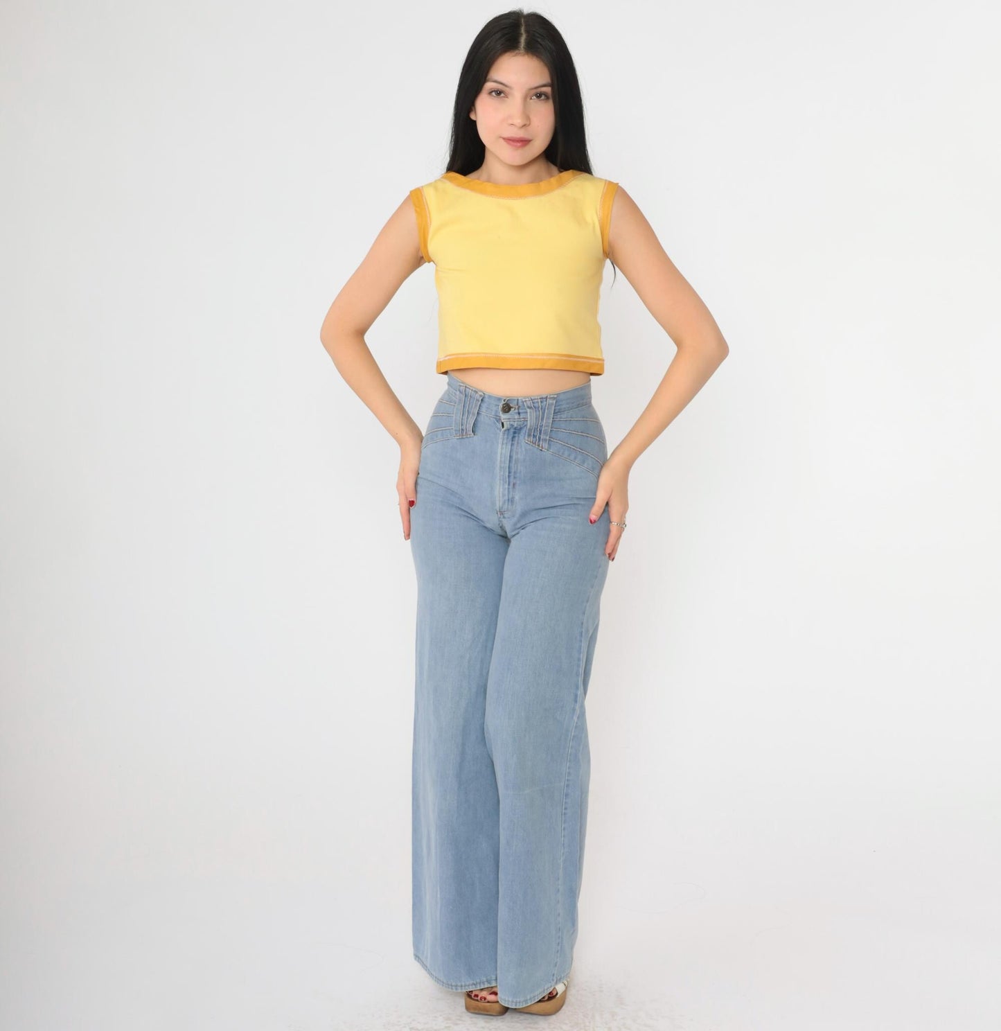 60s Yellow Ringer Crop Tank Top Sleeveless Blouse XXS
