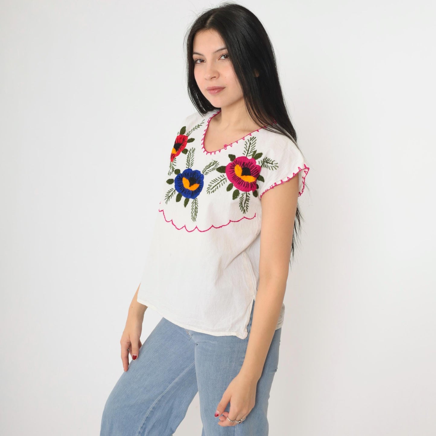 90s Mexican Floral Embroidered Blouse White Cotton Short Sleeve Medium