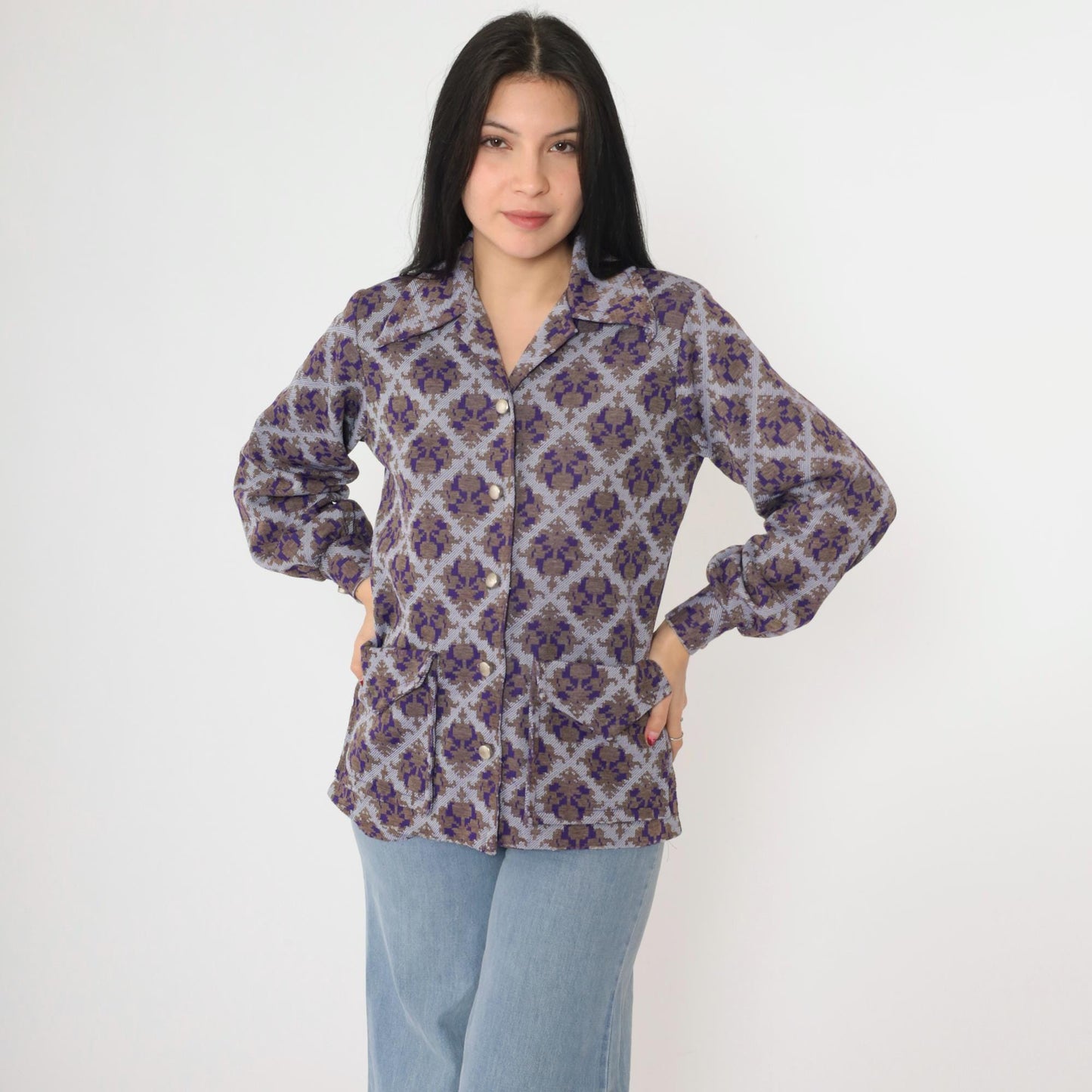 70s Geometric Damask Print Blouse Purple Brown Button Up Long Sleeve Medium M
