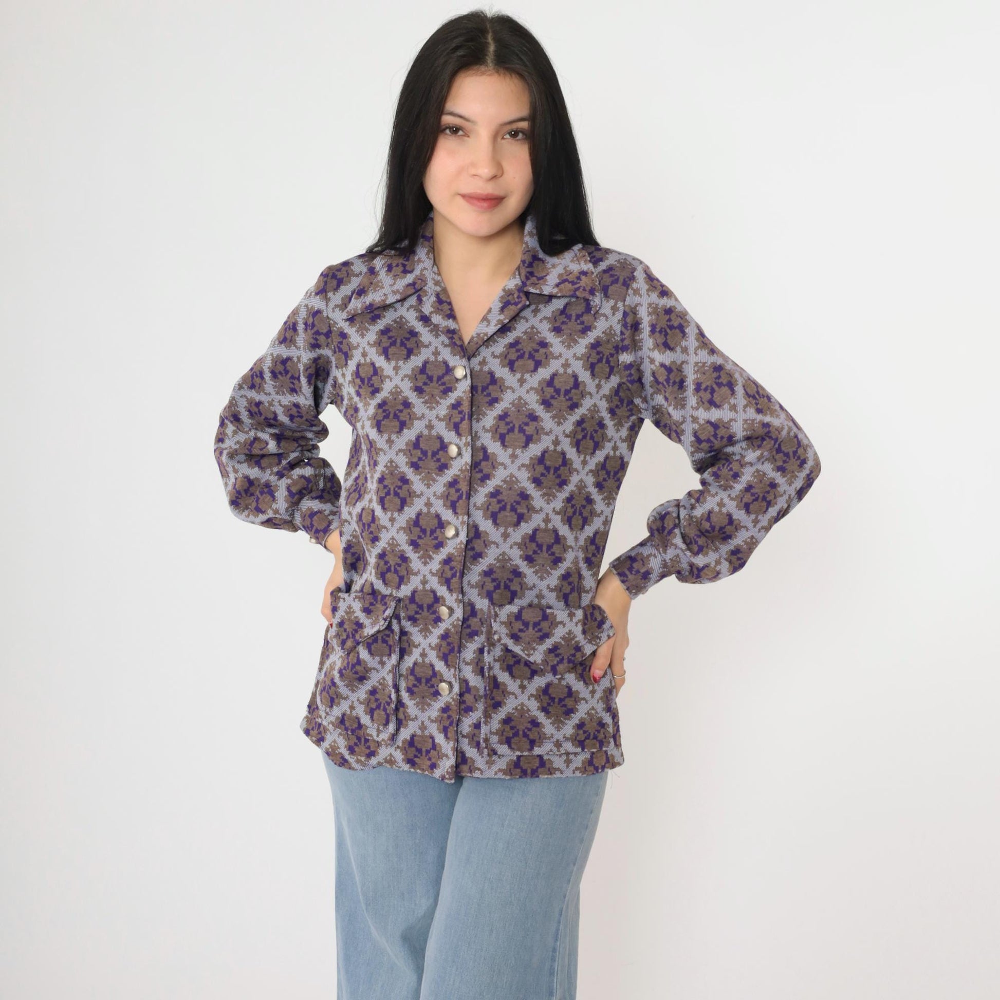 70s Geometric Damask Print Blouse Purple Brown Button Up Long Sleeve Medium M