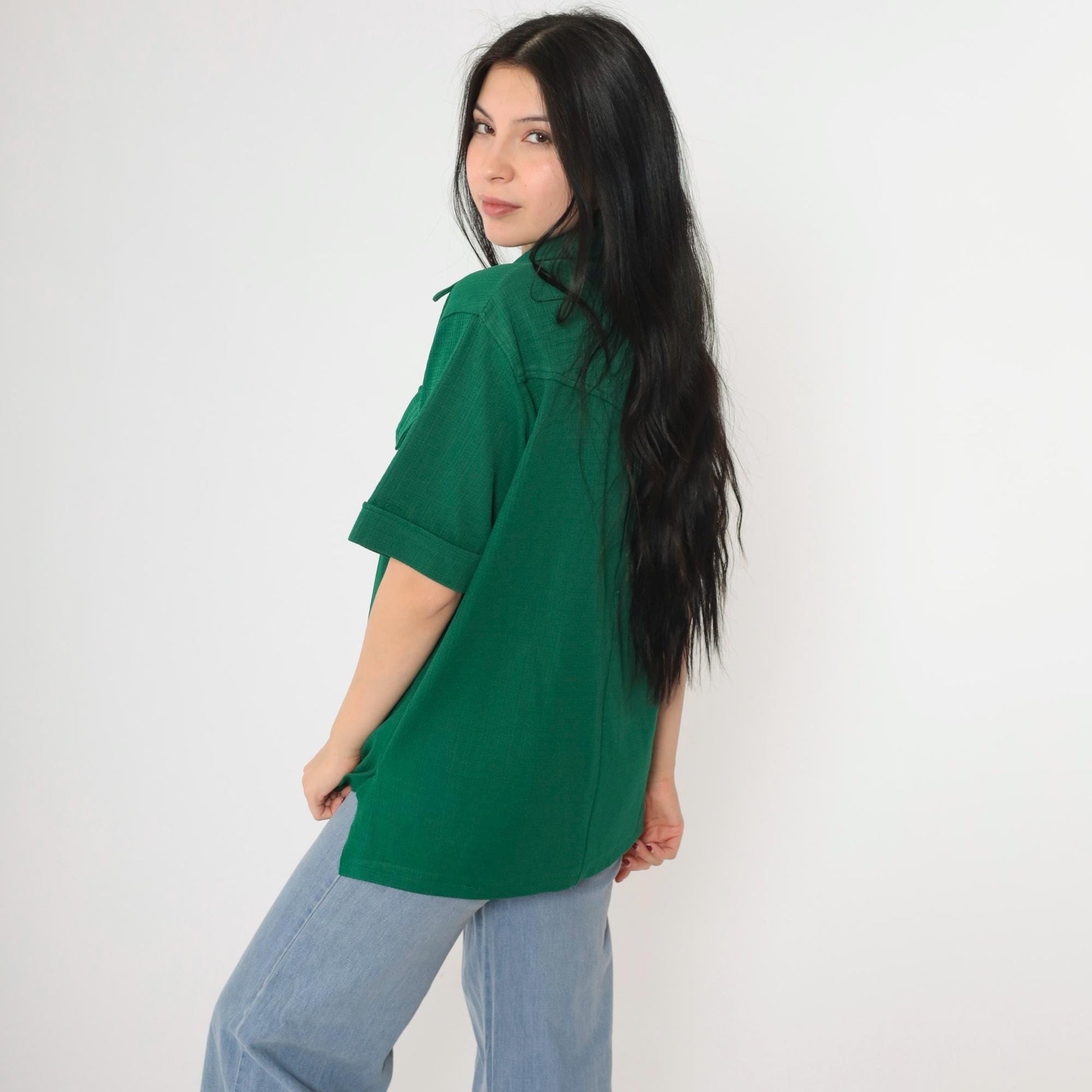 70s Green Button-Up Shirt Dagger Collar Short Sleeve Men's Medium