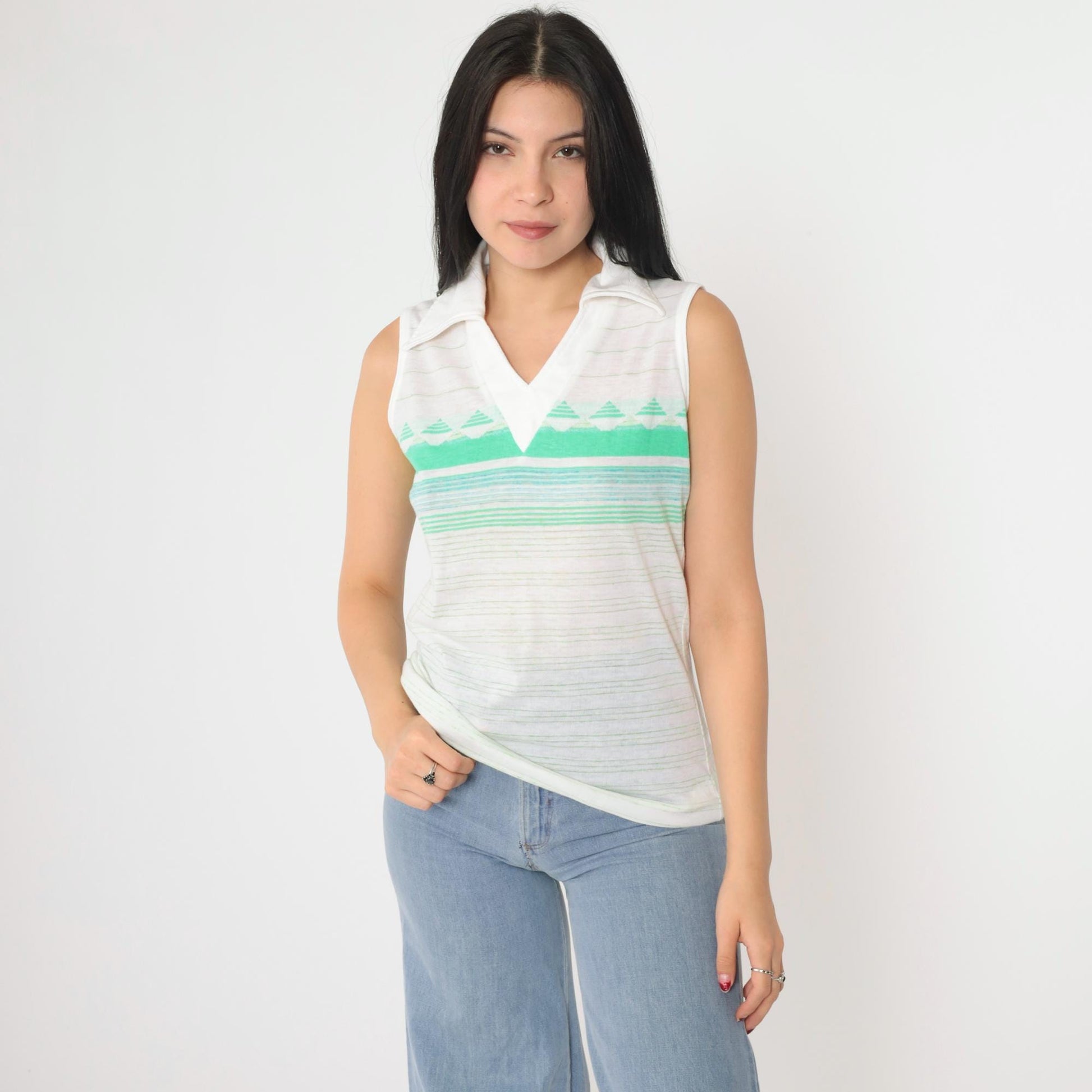 70s Jantzen Striped V-Neck Tank Top White Green Geometric Small