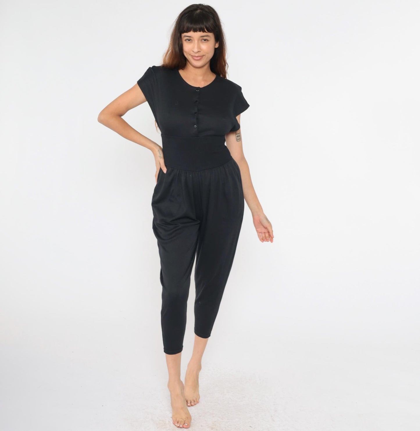80s Black Button-Up Jumpsuit High Waist Dolman Sleeve Cropped Tapered Small