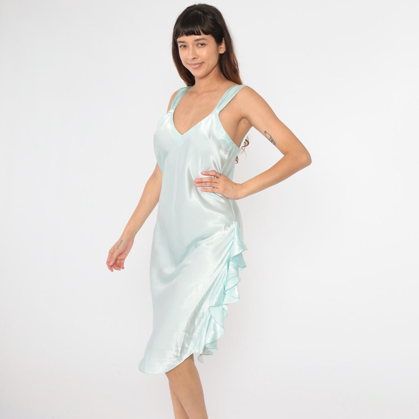 00s Victoria's Secret Ice Blue Satin Slip Dress Midi Ruffled Slit Large L