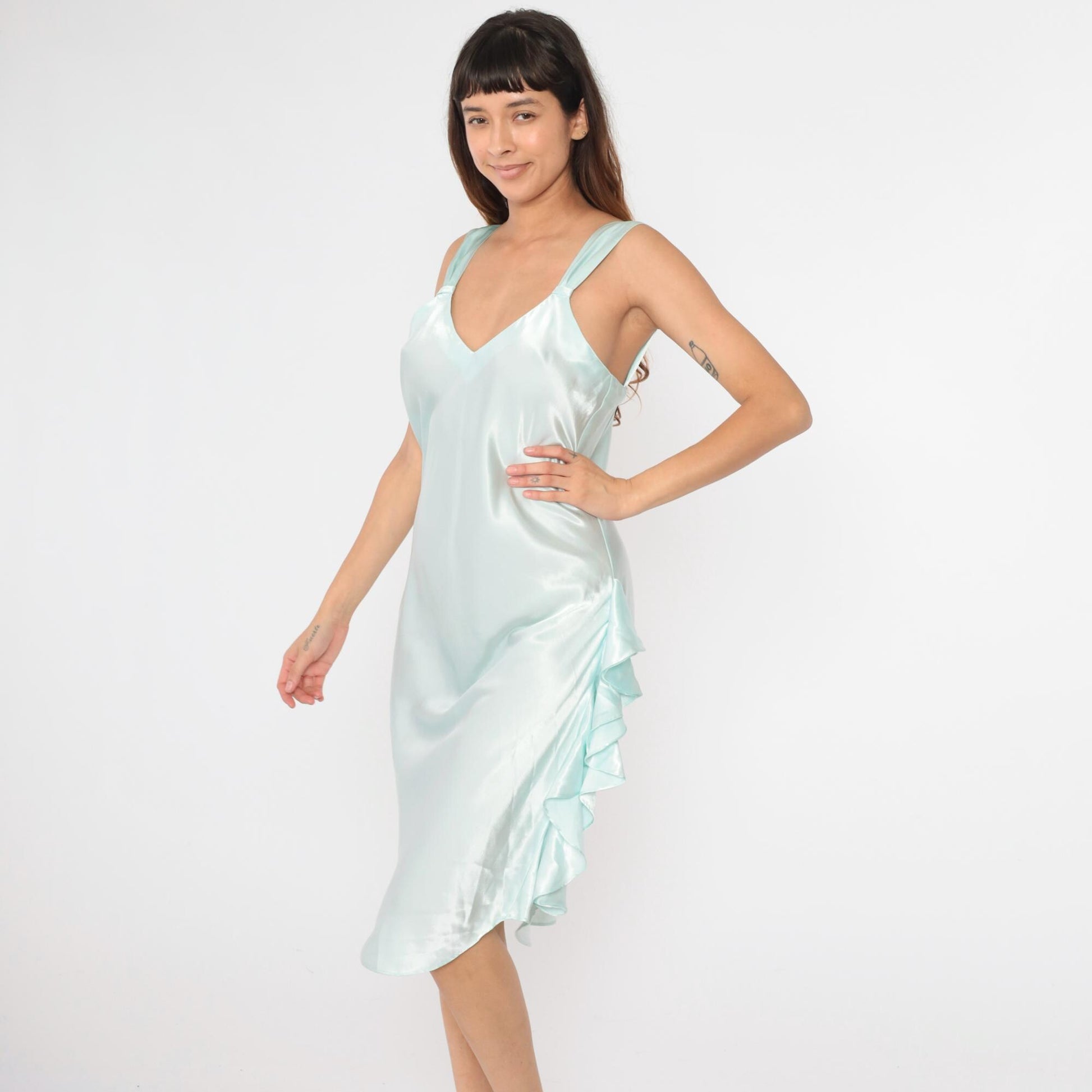 00s Victoria's Secret Ice Blue Satin Slip Dress Midi Ruffled Slit Large L