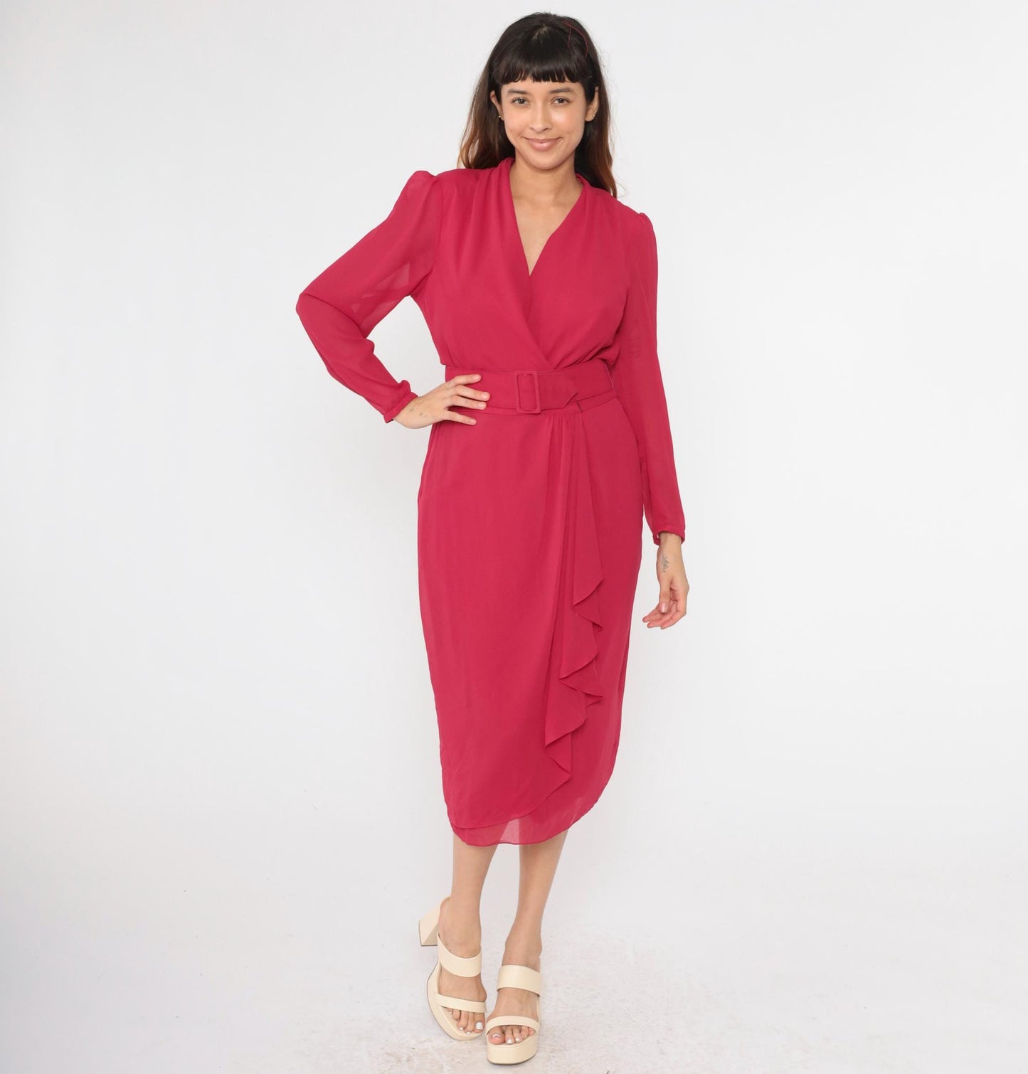 80s Miss Elliette Fuchsia Chiffon Midi Dress Puff Sleeve High Waist Medium