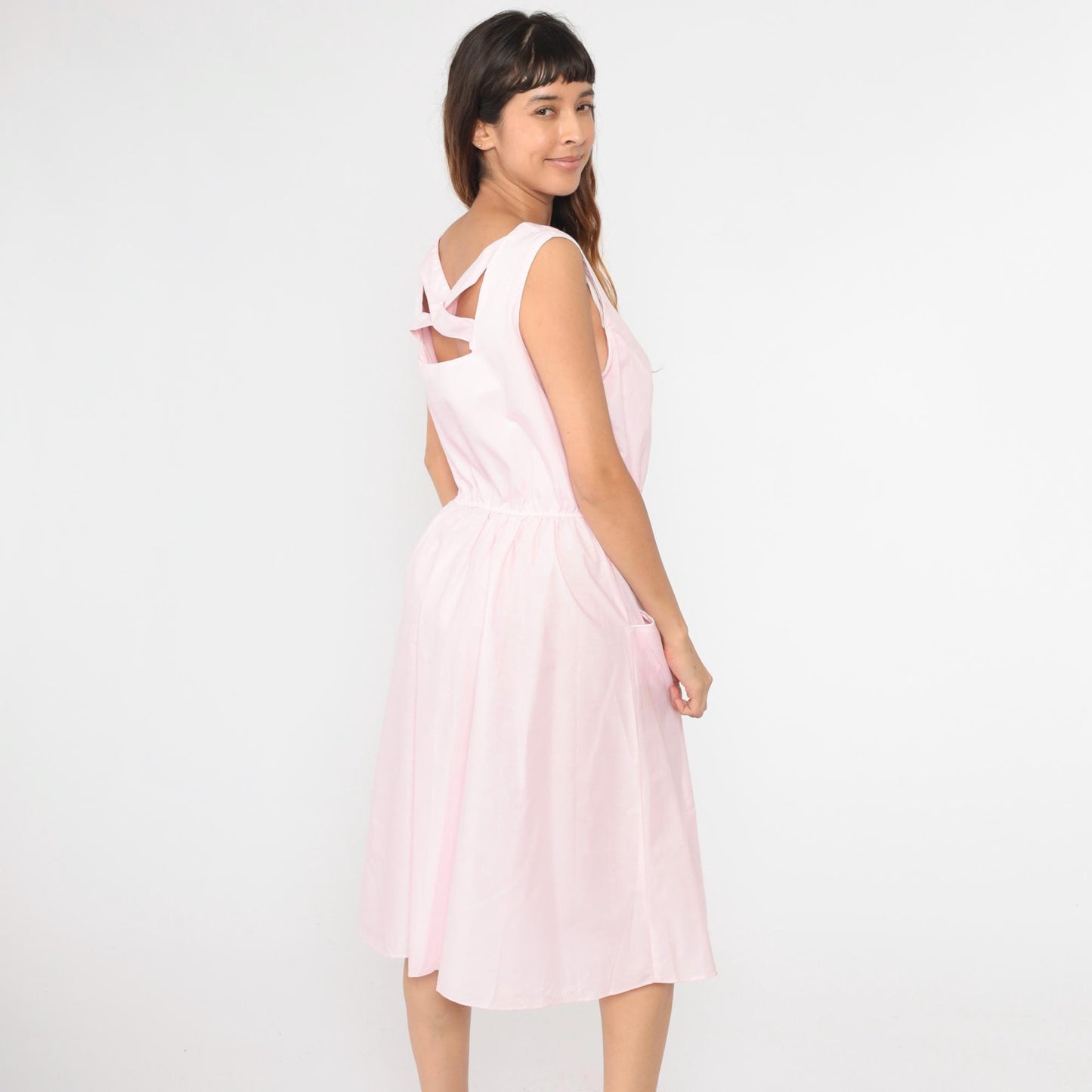 80s Miss Joni of California Baby Pink Floral Midi Dress Cutout Back Extra Large