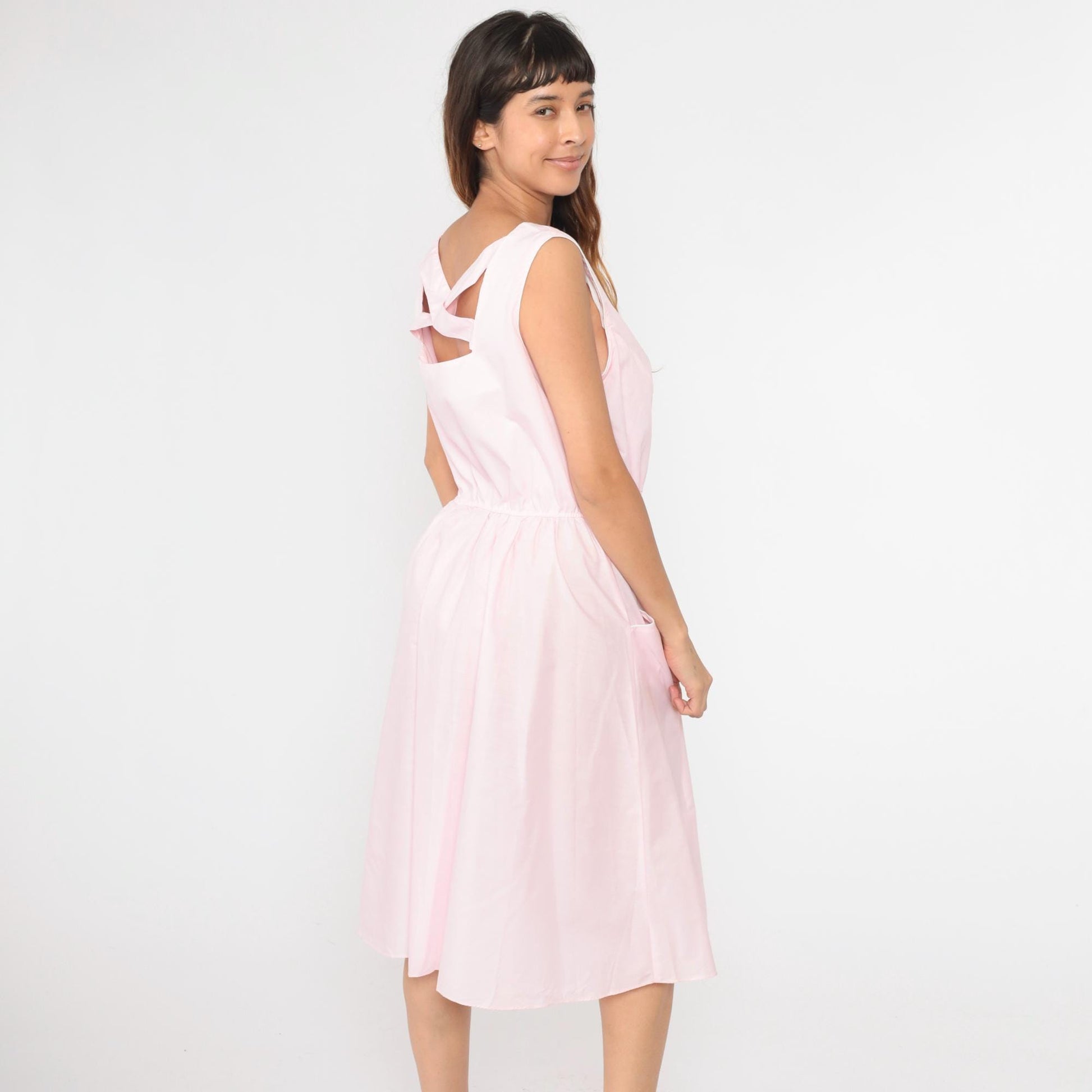 80s Miss Joni of California Baby Pink Floral Midi Dress Cutout Back Extra Large