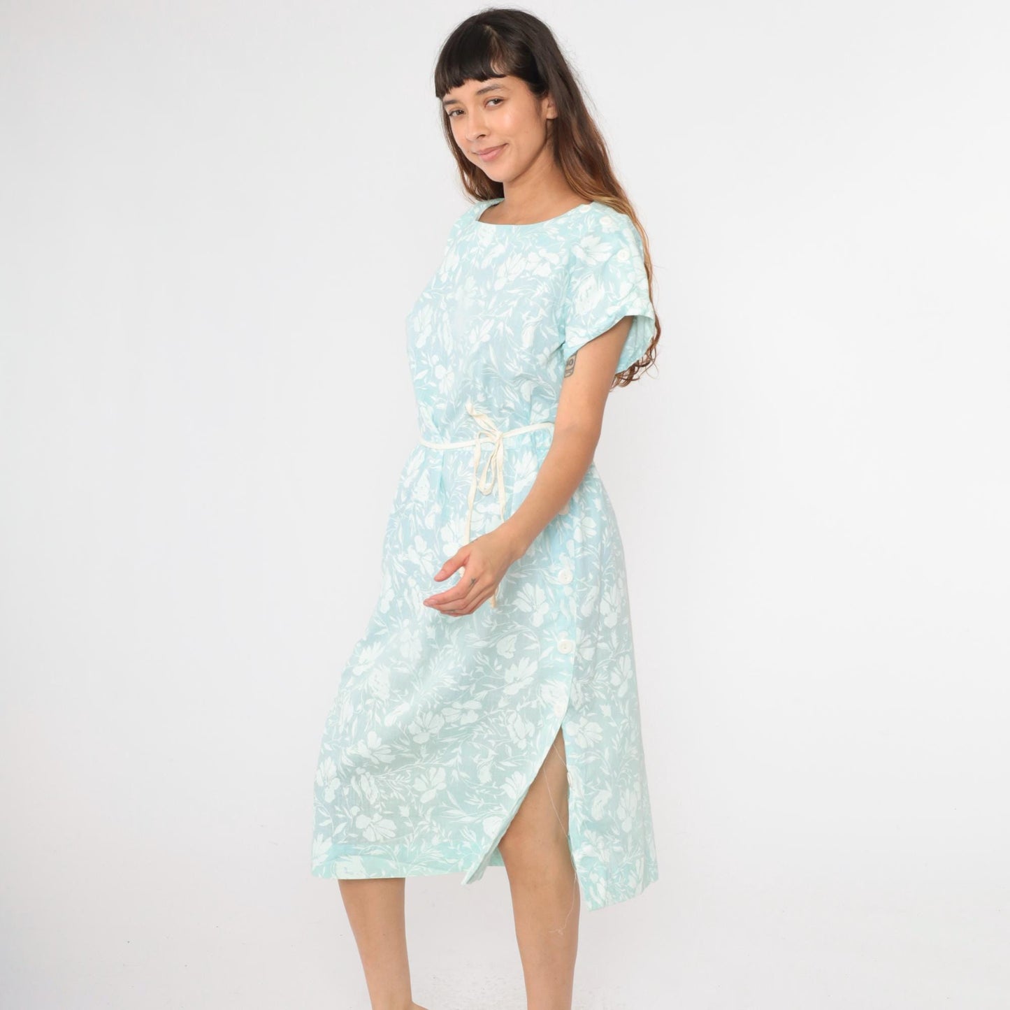 80s Light Blue Floral Midi Dress High Waisted Button Side Slit Dolman Sleeve Large