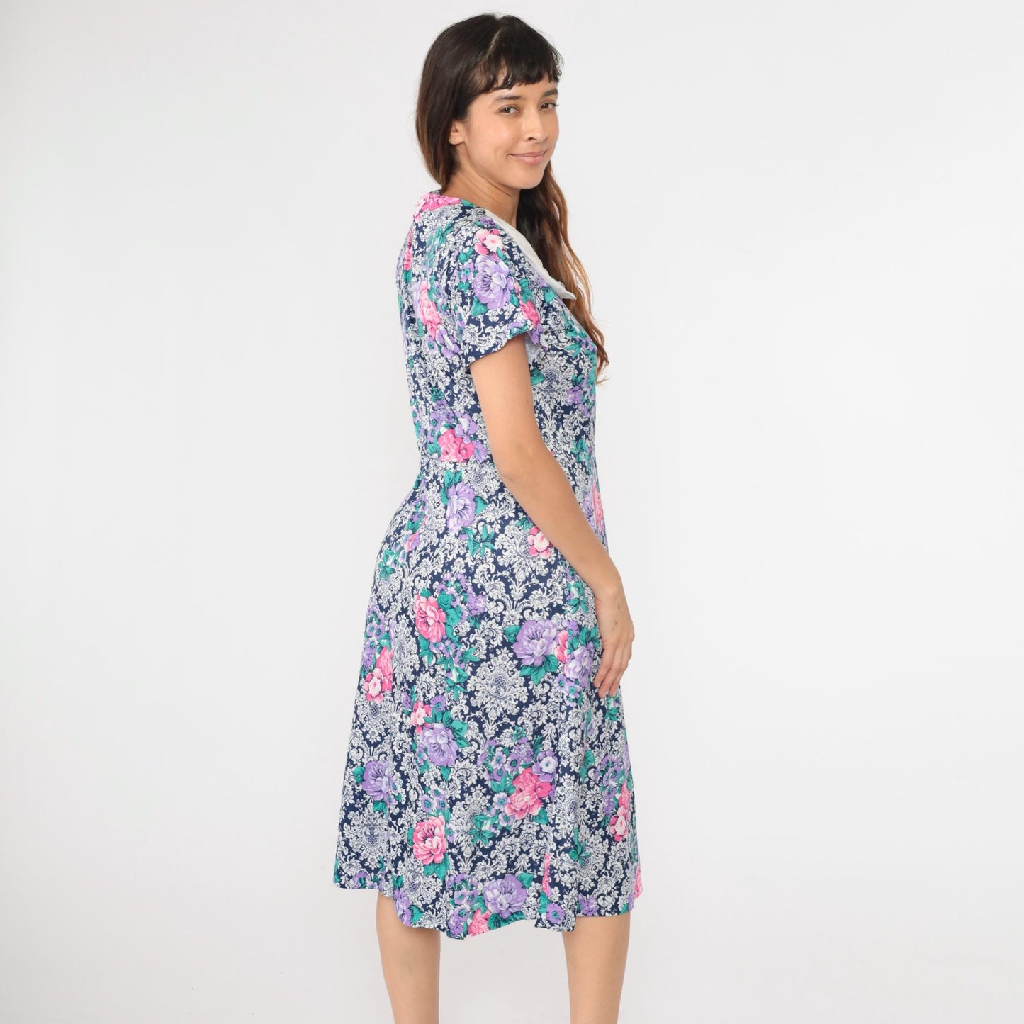 80s Floral Midi Dress Peter Pan Collar High Waisted Pockets Blue Pink Purple Large