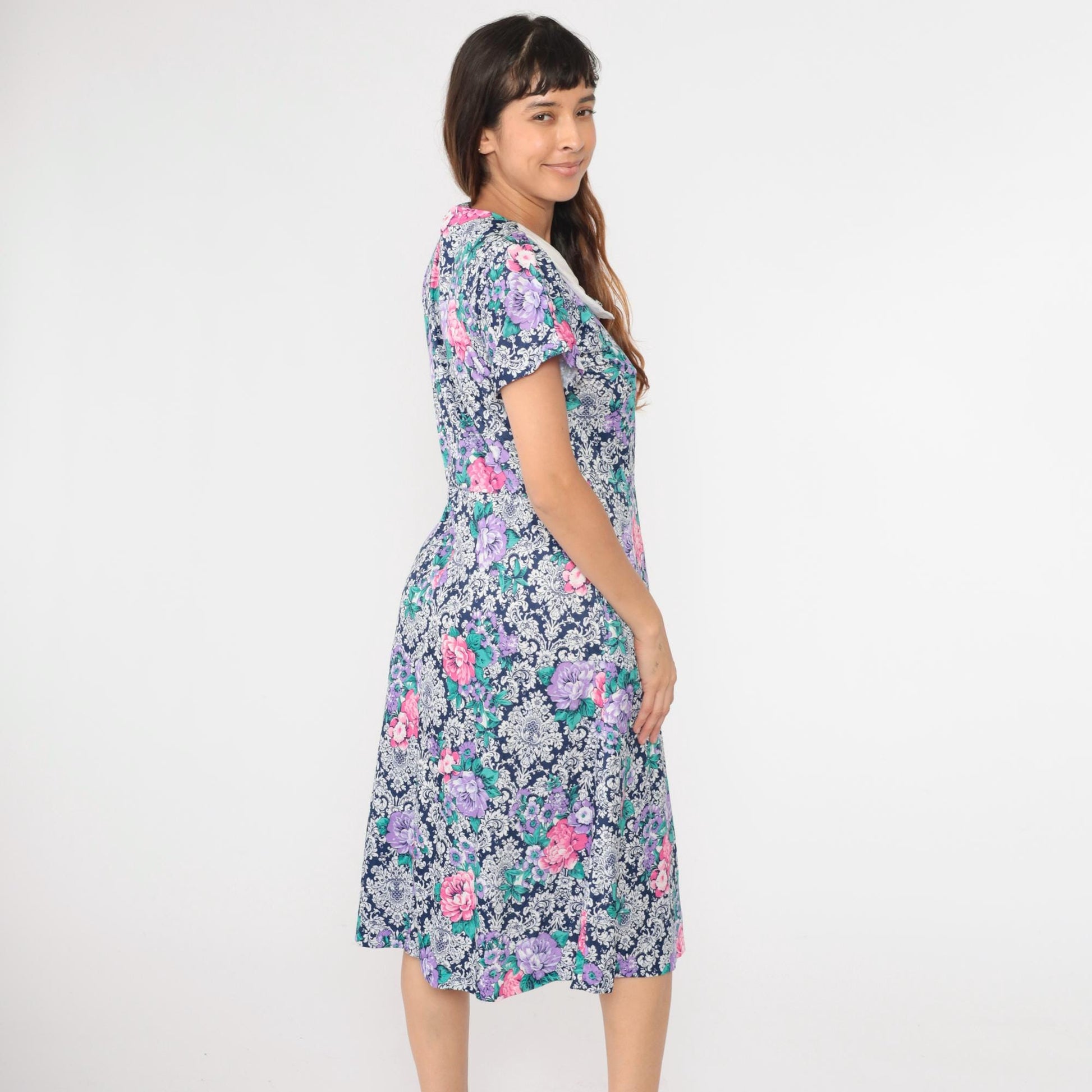 80s Floral Midi Dress Peter Pan Collar High Waisted Pockets Blue Pink Purple Large