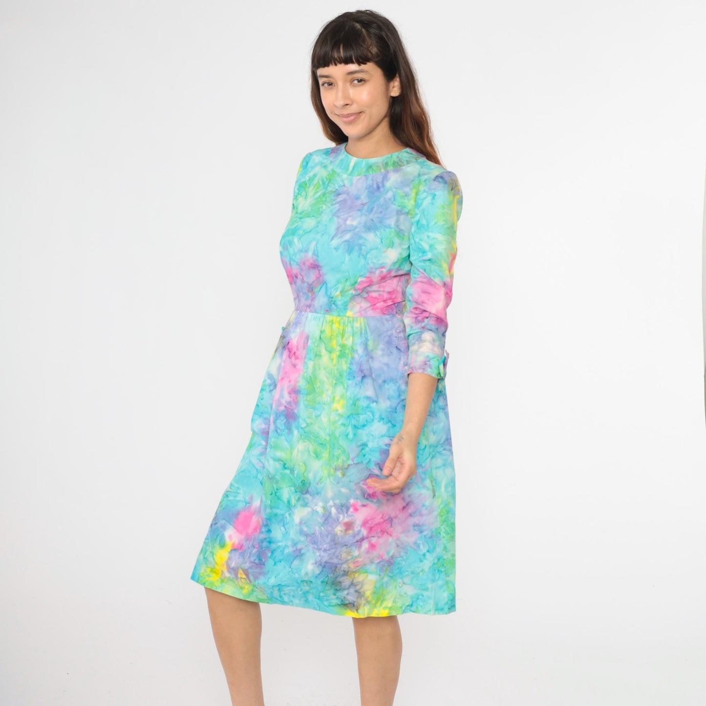 70s Tie Dye Dress High Waist Bow 3/4 Sleeve Midi Blue Green Pink Small