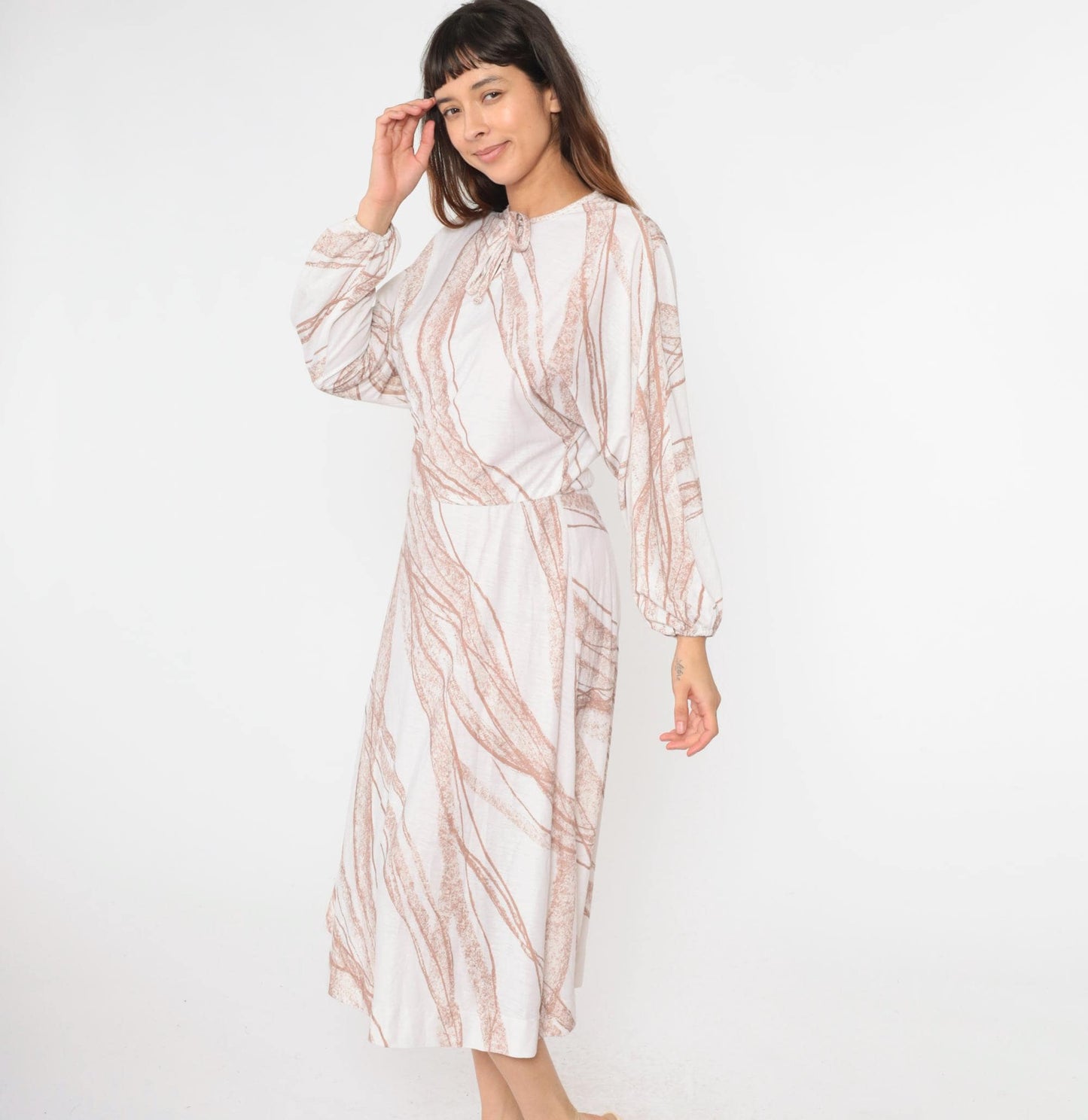 70s Bleeker Street Midi Dress Dolman Sleeve Keyhole Bow Neck White Brown Stripe Small Medium