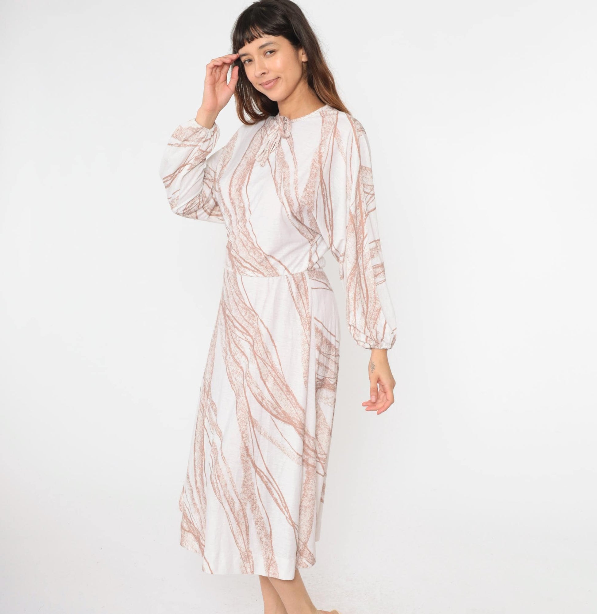 70s Bleeker Street Midi Dress Dolman Sleeve Keyhole Bow Neck White Brown Stripe Small Medium