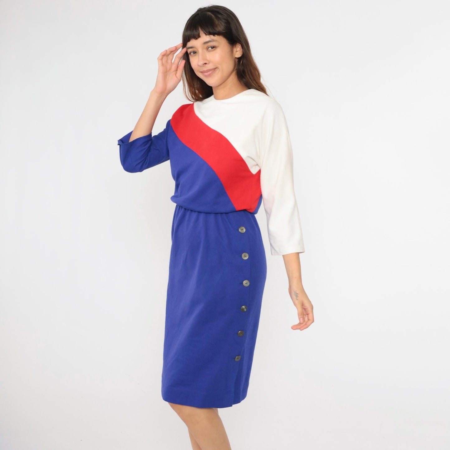 80s Leslie Fay Petites Colorblock Midi Dress Blue Red White Dolman Sleeve Small