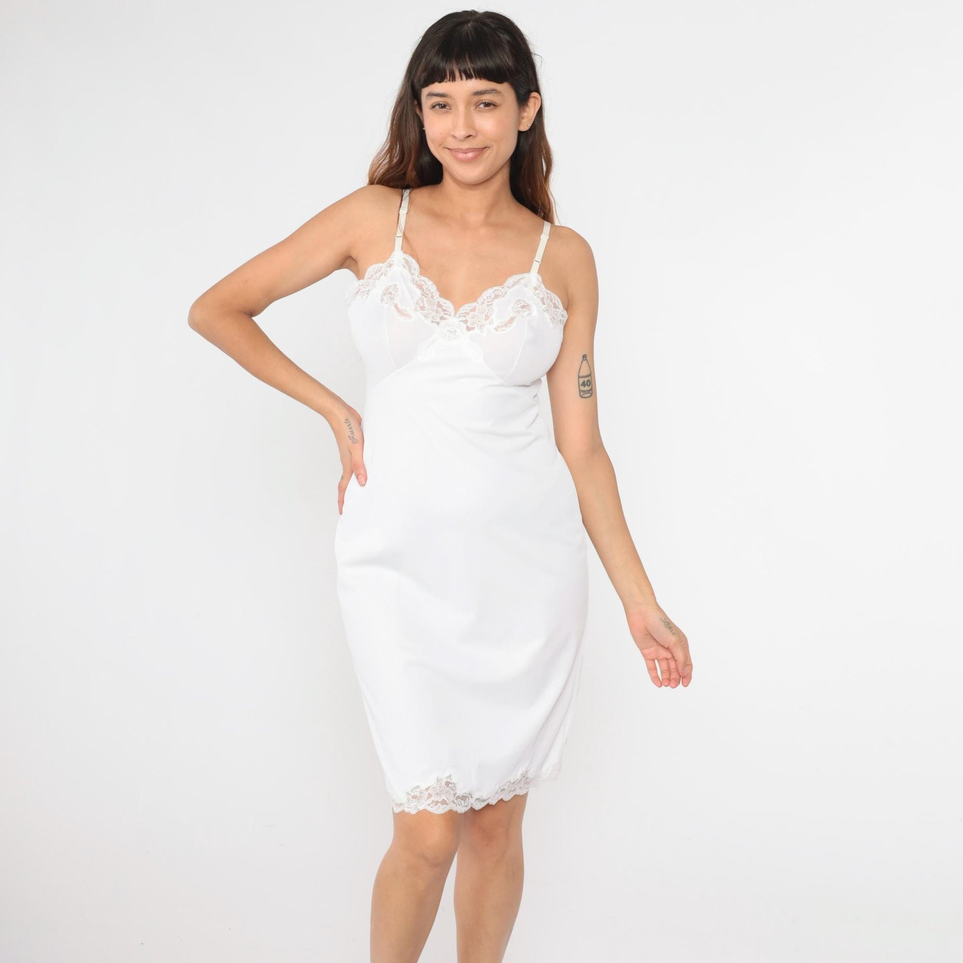 80s White Nylon Slip Dress Lace Trim Empire Waist Spaghetti Strap Knee Length Medium