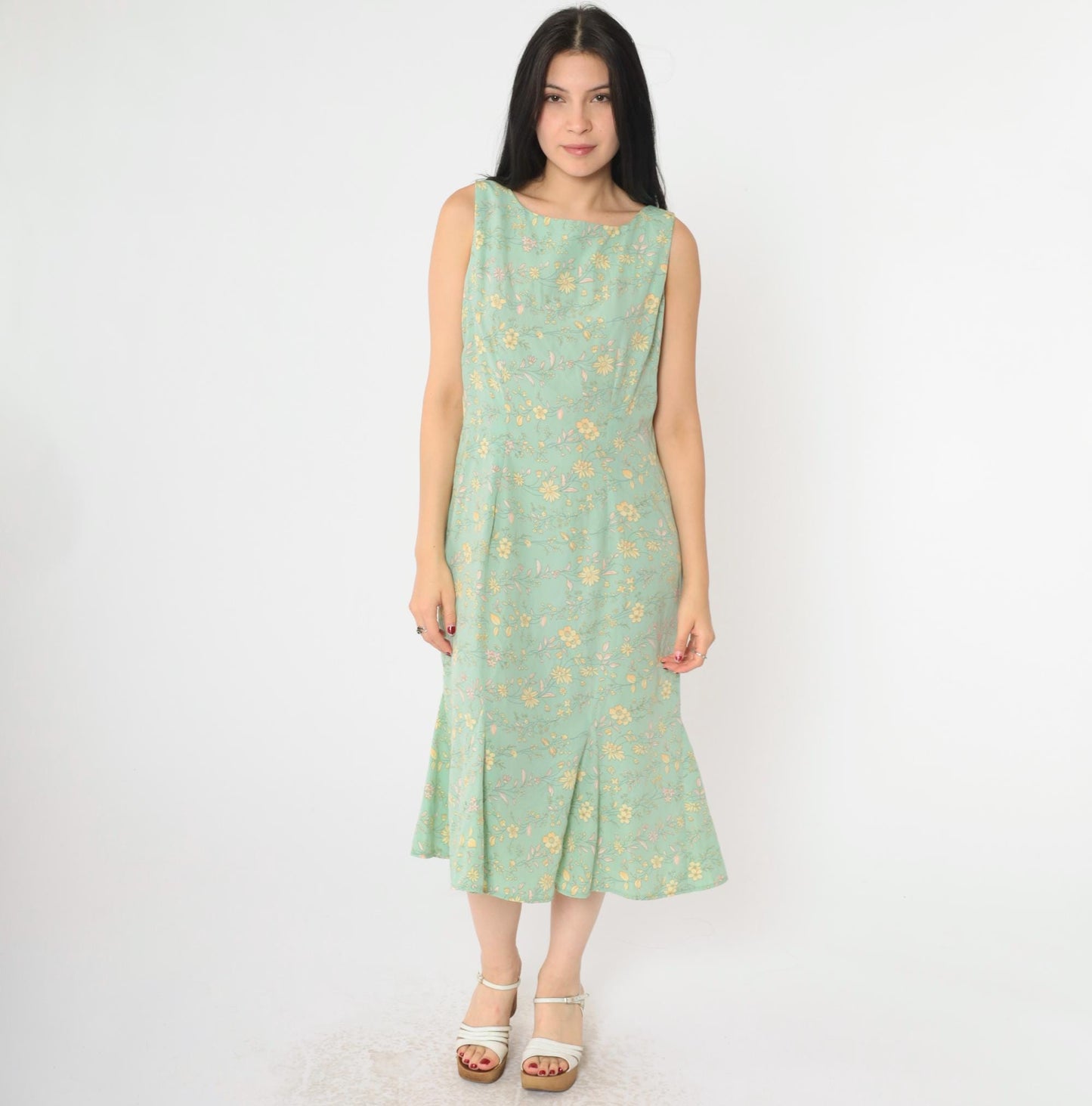 90s R&K Originals Floral Midi Dress Green Yellow Pink Sleeveless Medium